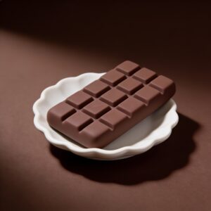 Brown chocolate tablet squishy on a white scalloped ceramic dish