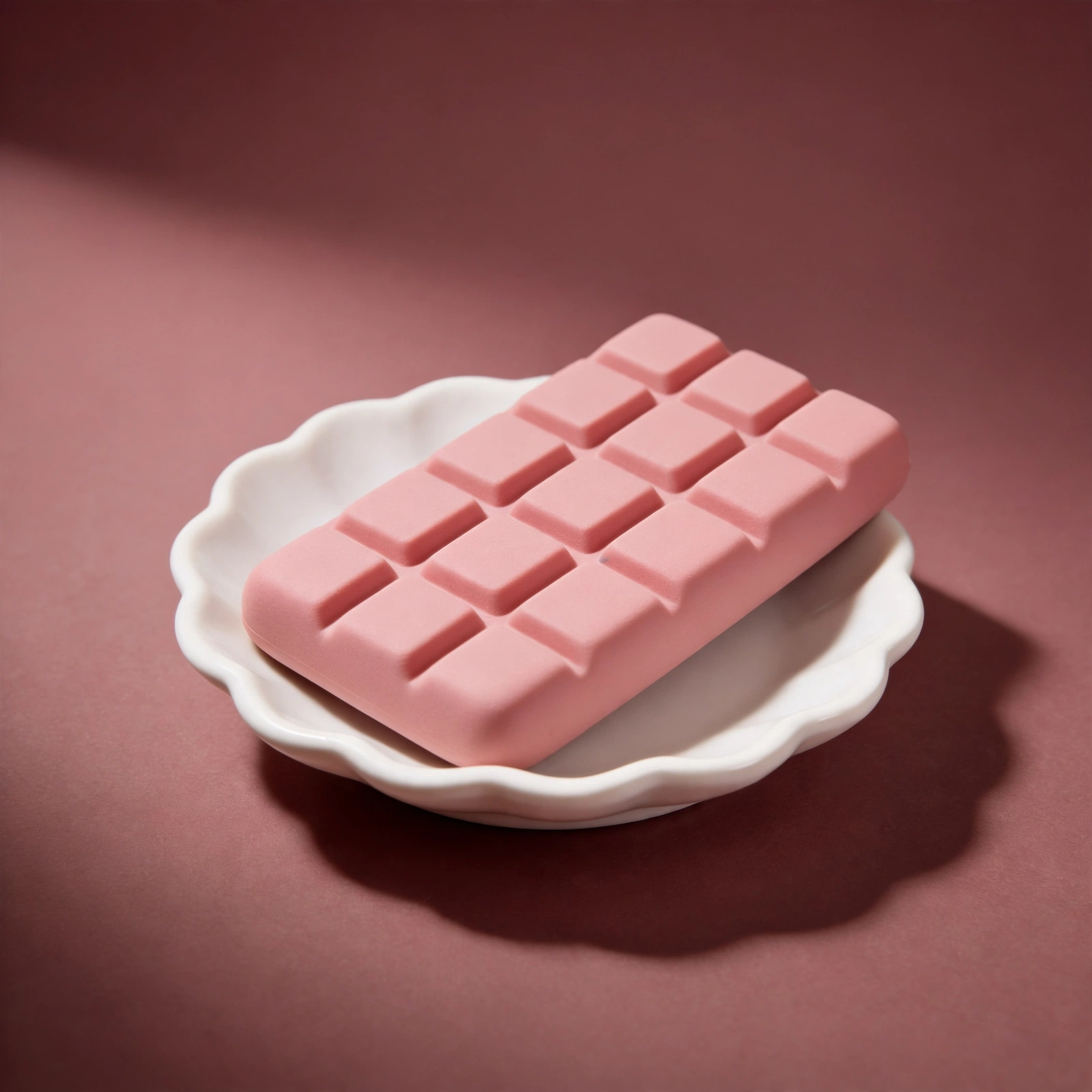 Pink chocolate tablet squishy on a white scalloped ceramic dish