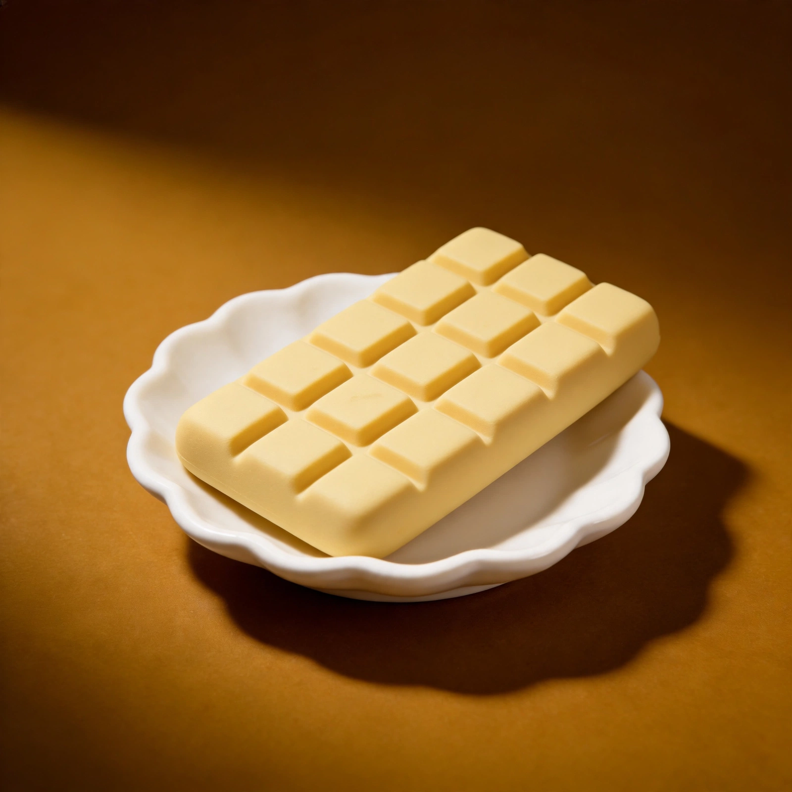 Pale yellow chocolate tablet squishy on a white scalloped ceramic dish