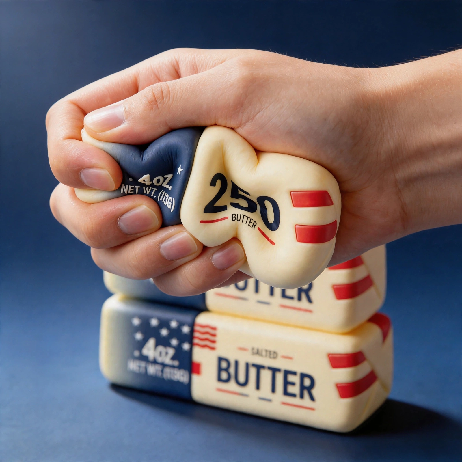 Hand squeezing the USA butter 3-pack squishy soft foam