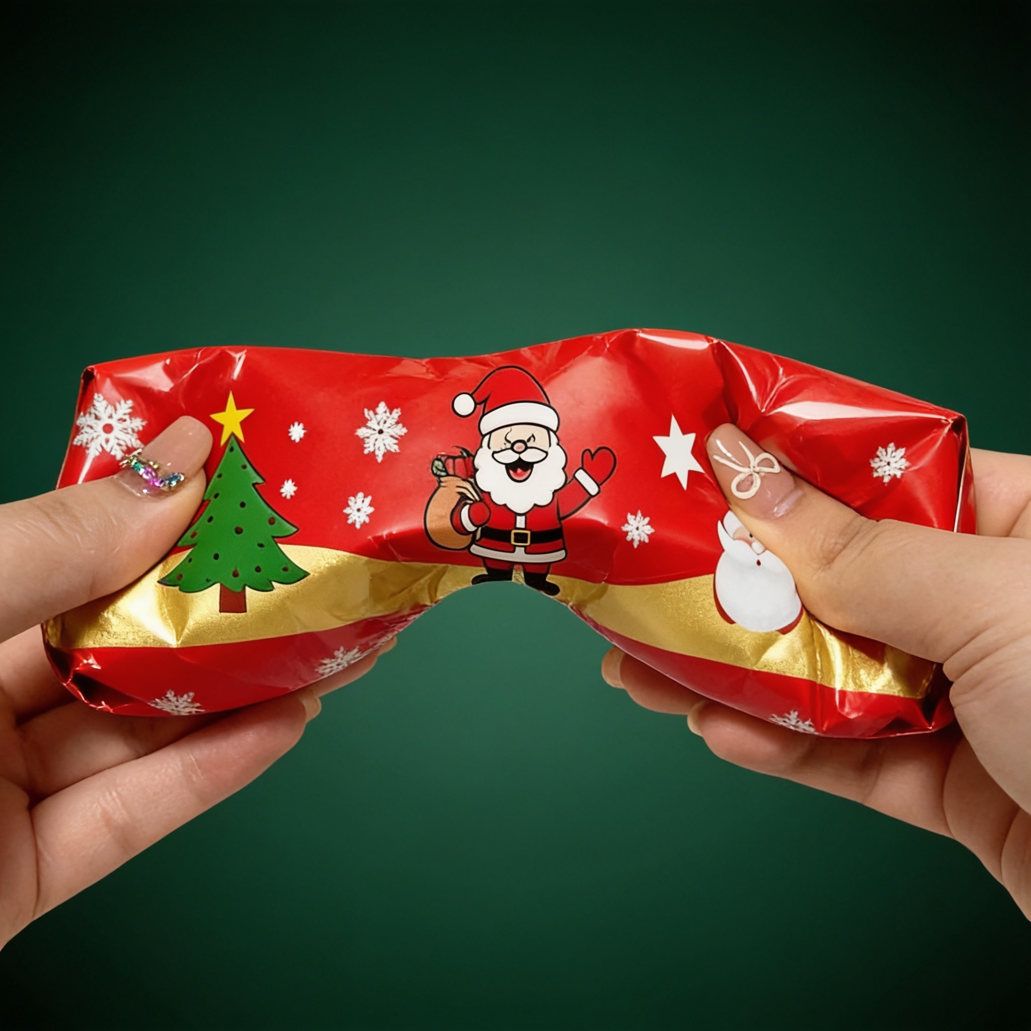 Two hands squeezing the Christmas butter squishy soft foam bar