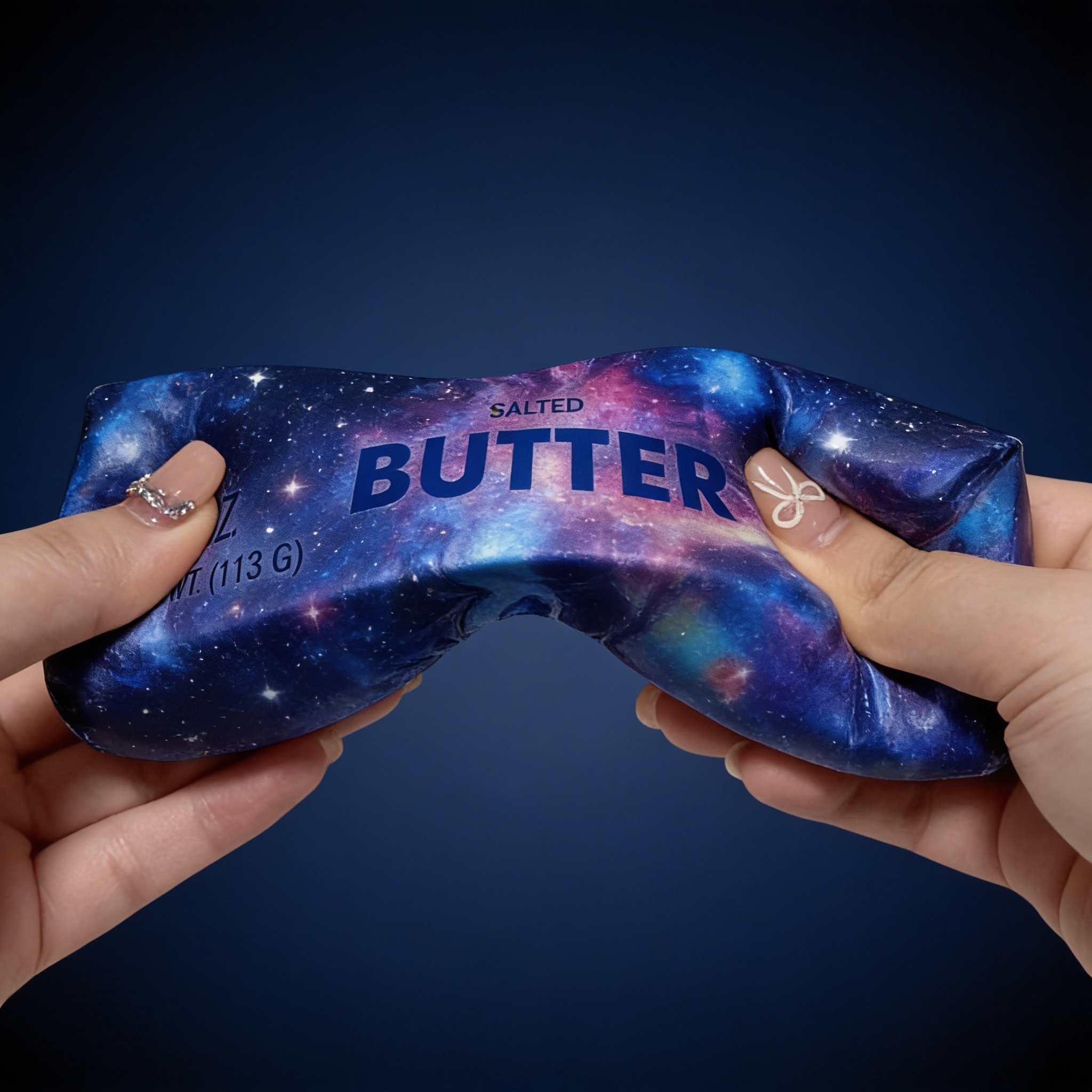 Two hands squeezing a galaxy butter squishy bar with a deep blue nebula print