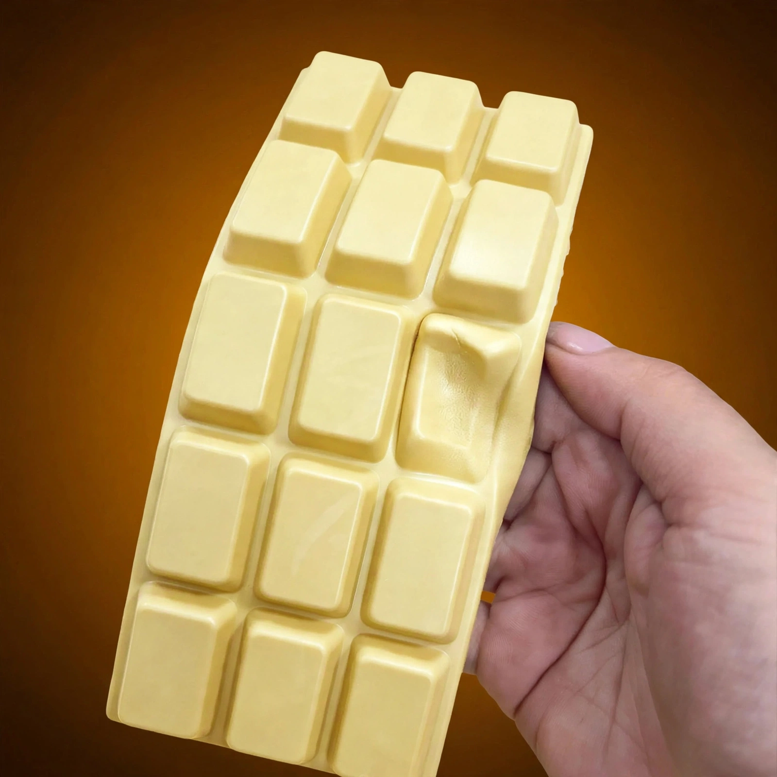 Hand squeezing the pale yellow chocolate tablet squishy