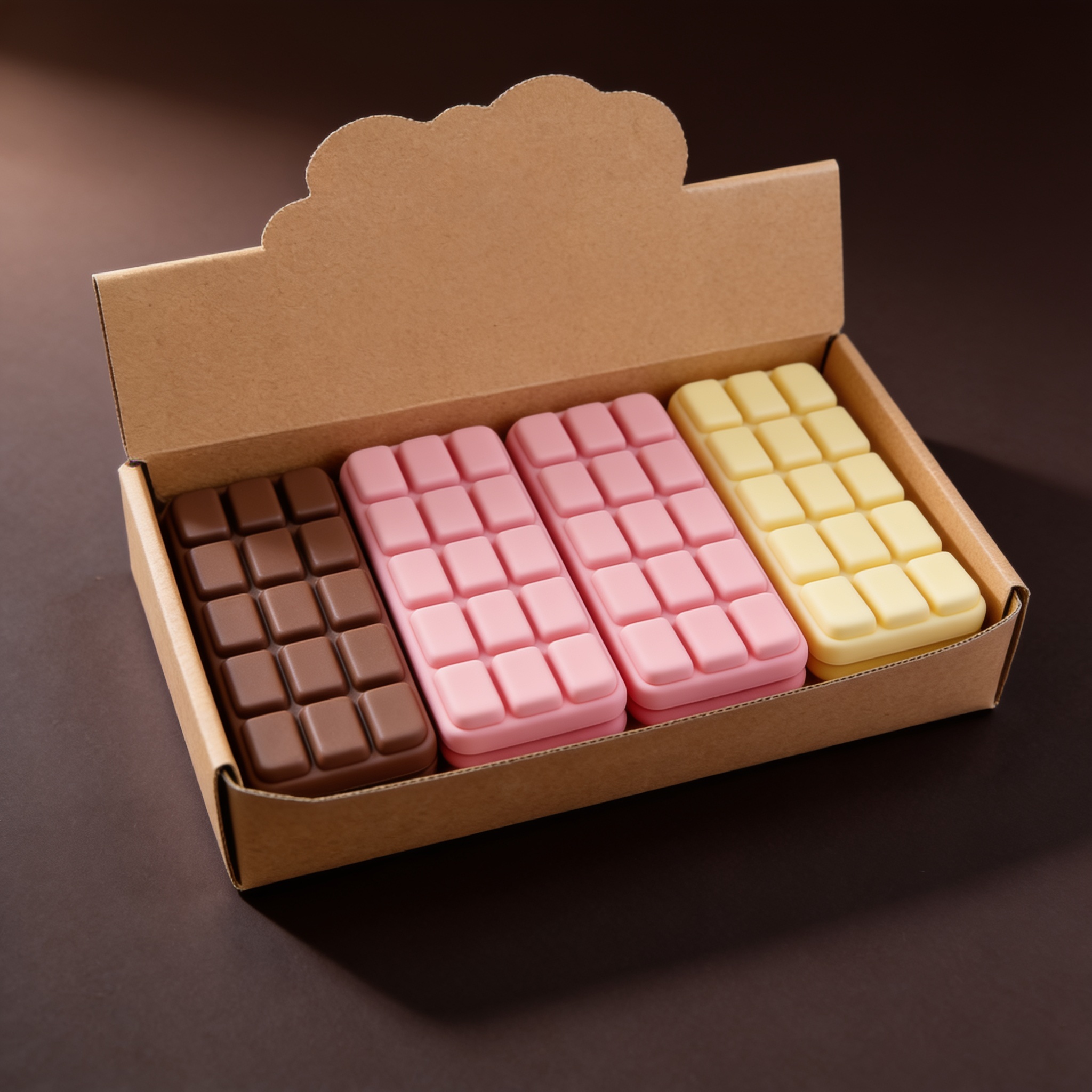 Kraft display box holding the twelve chocolate tablet squishies in brown, pink and yellow
