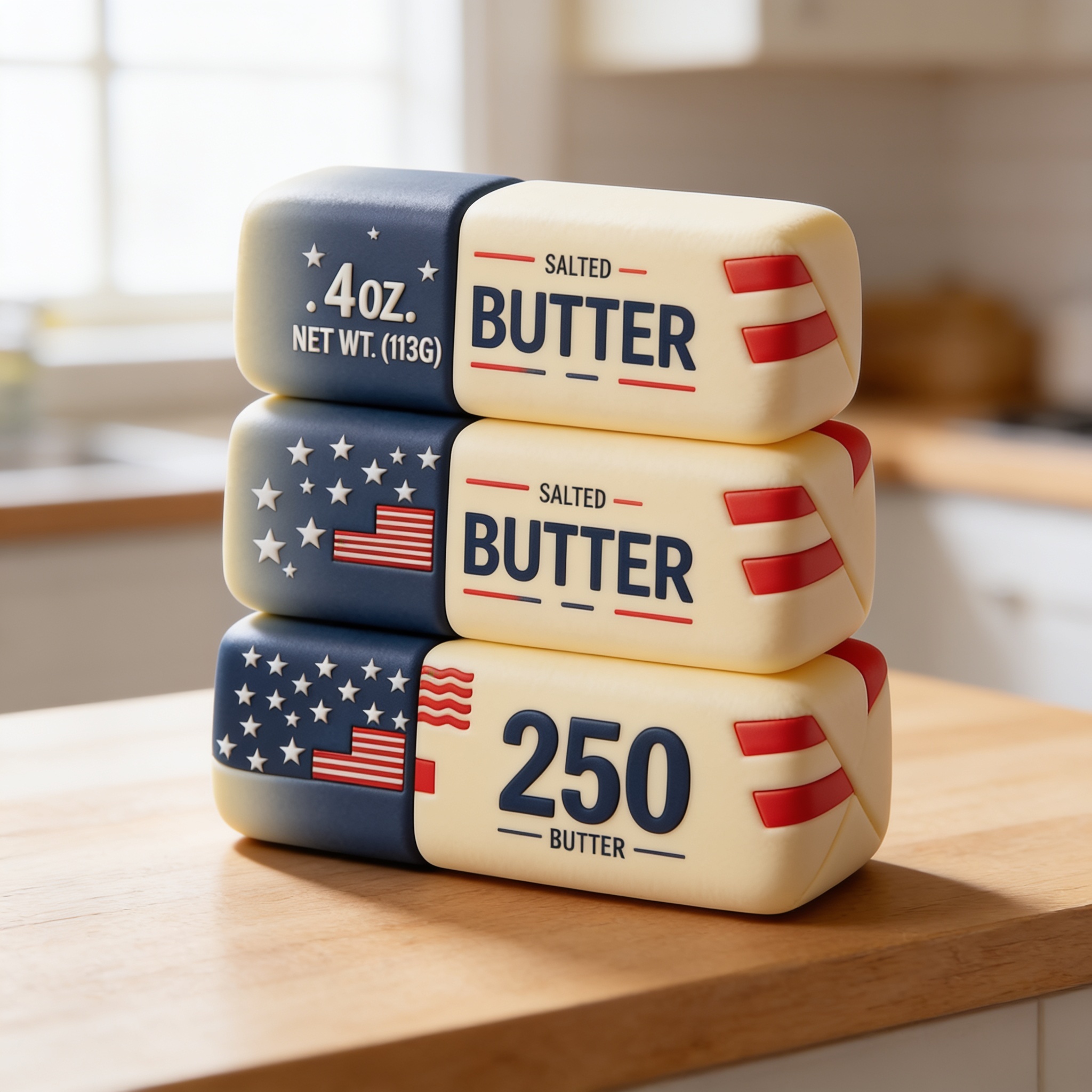USA butter 3-pack squishy in a warm daylight scene