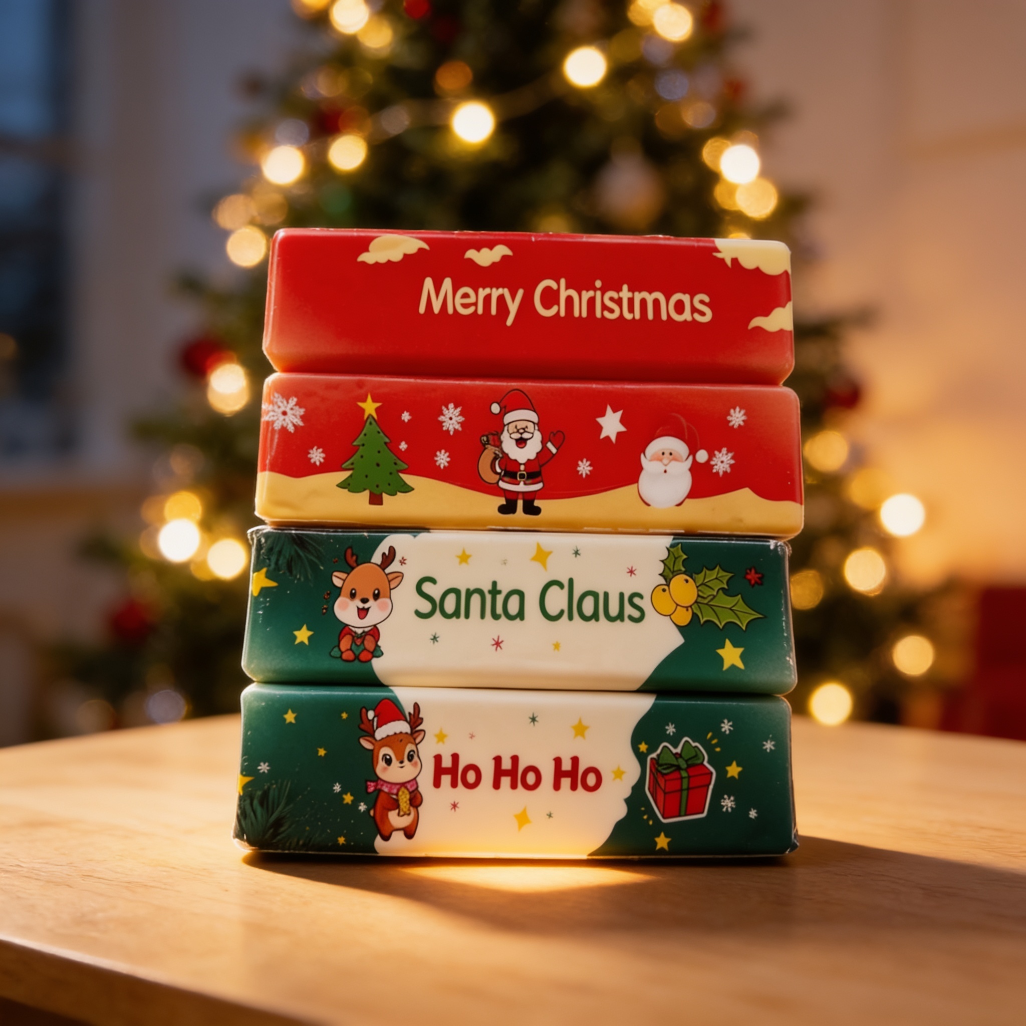 Christmas butter squishy bars stacked on a wooden table by a lit Christmas tree