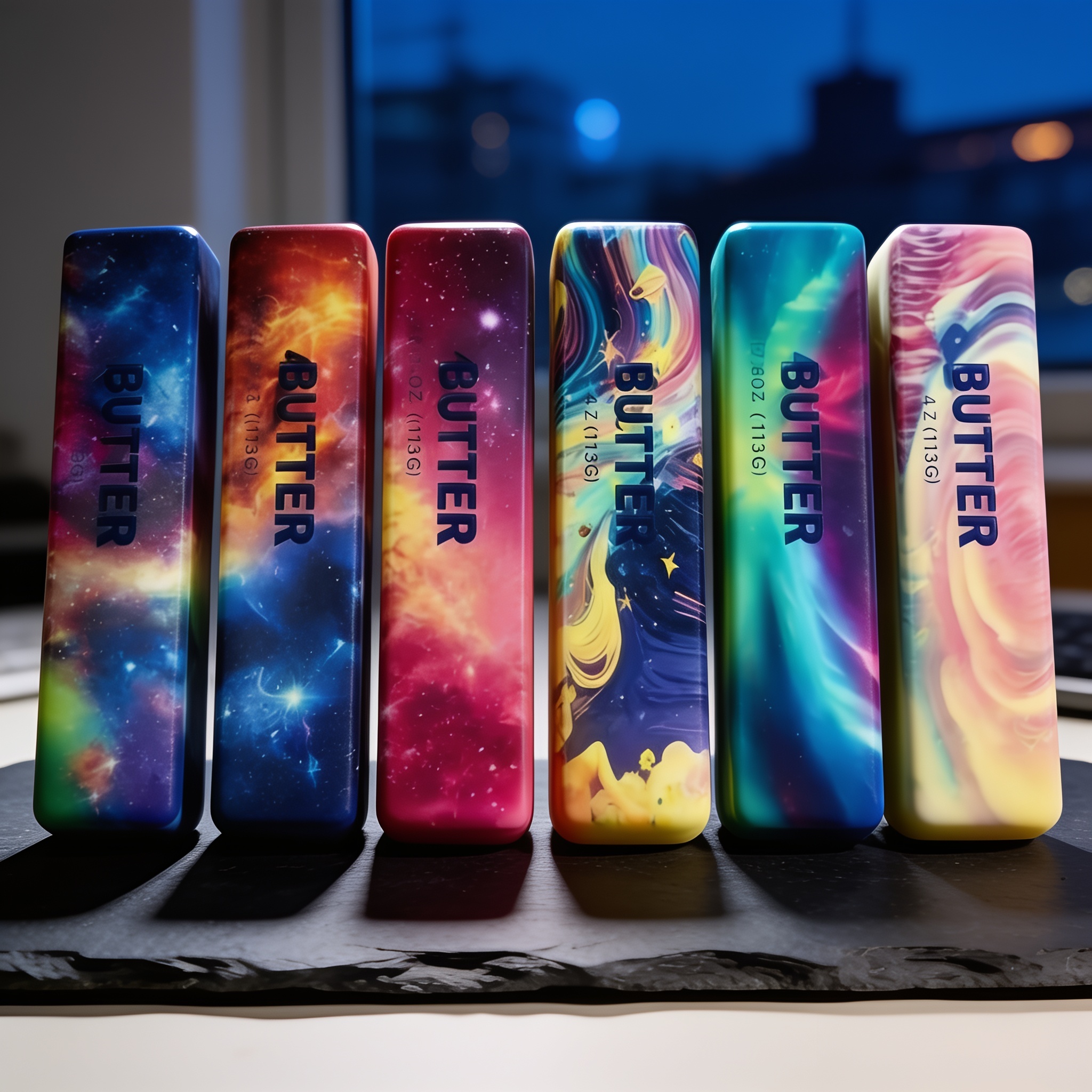Galaxy butter squishy bars standing on a dark desk by a window at night