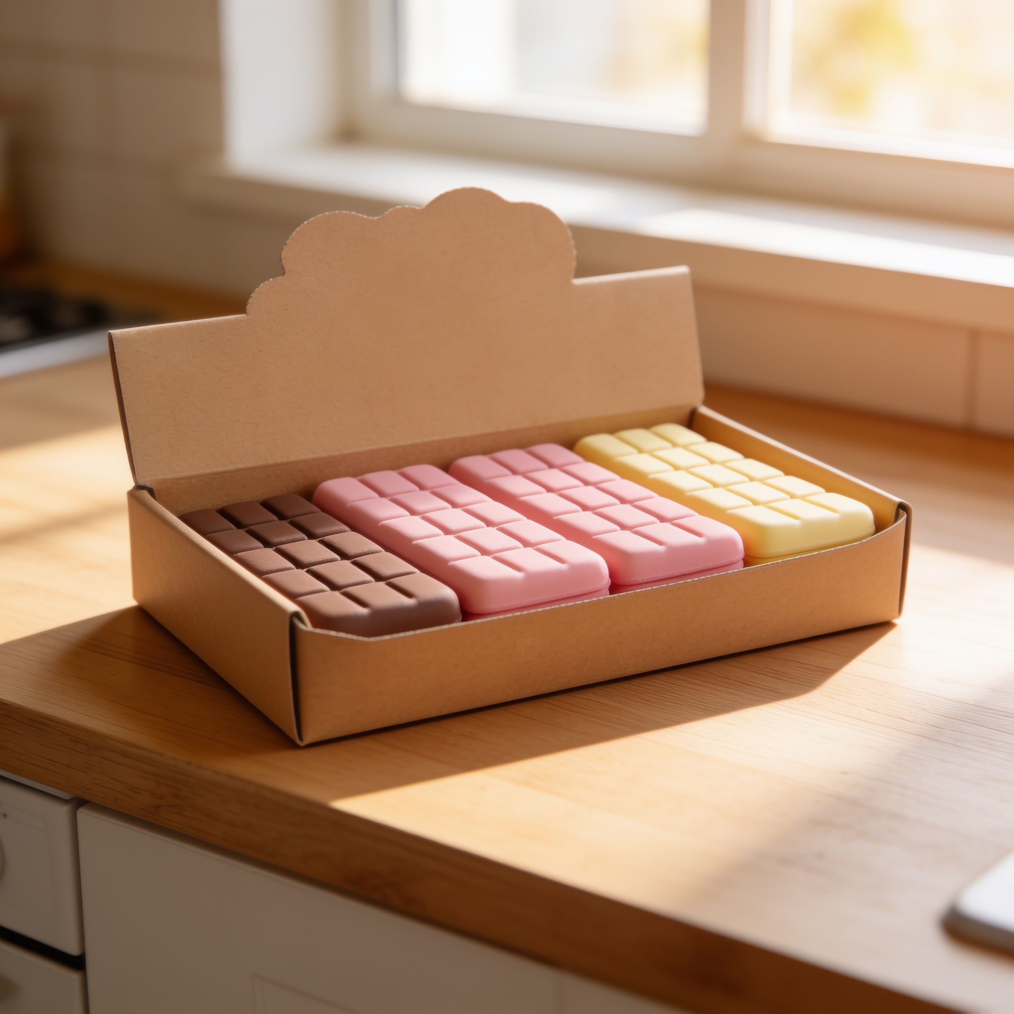Chocolate tablet squishy display box on a wooden kitchen counter in morning light