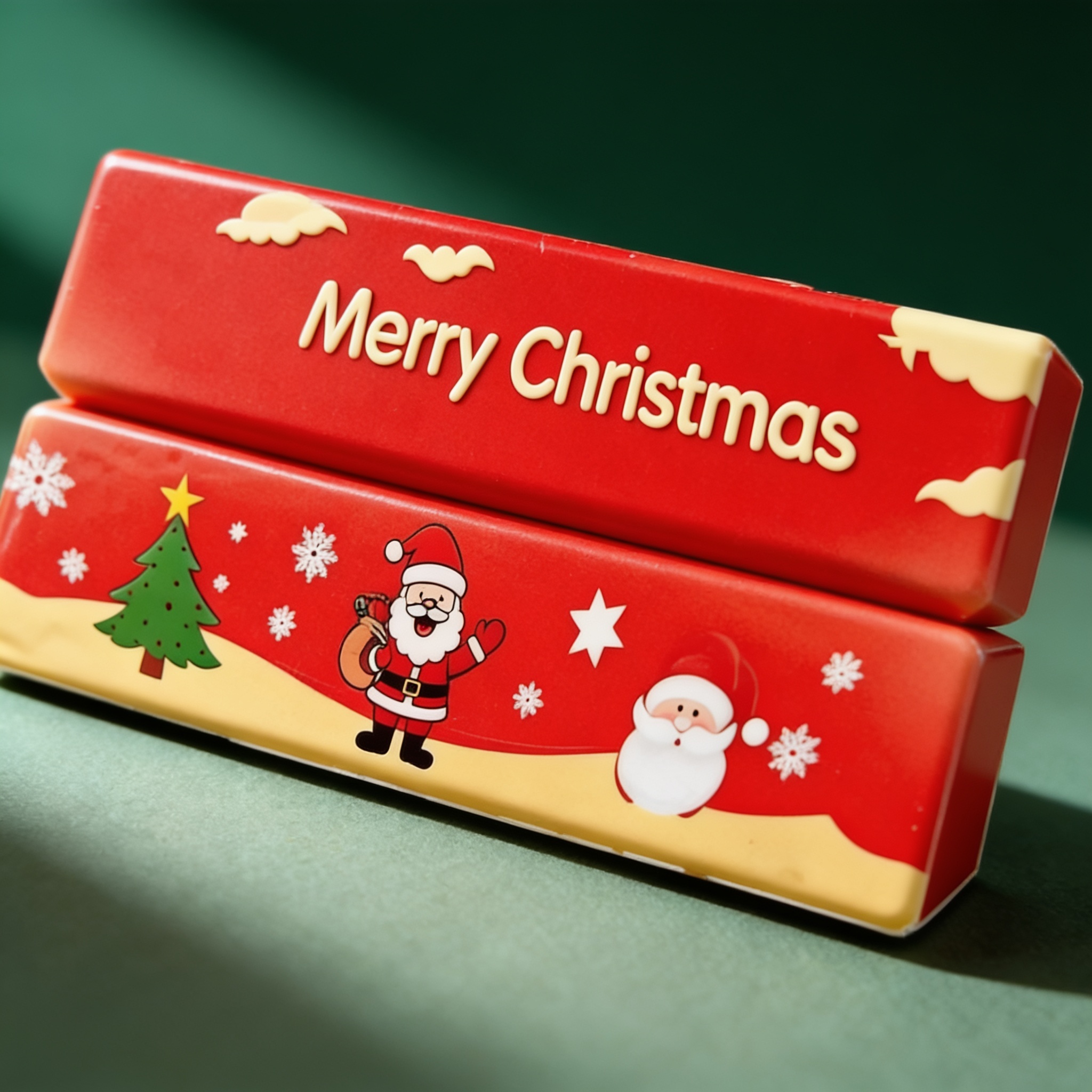 Close-up of the Merry Christmas and Santa printed artwork on the butter squishy bars