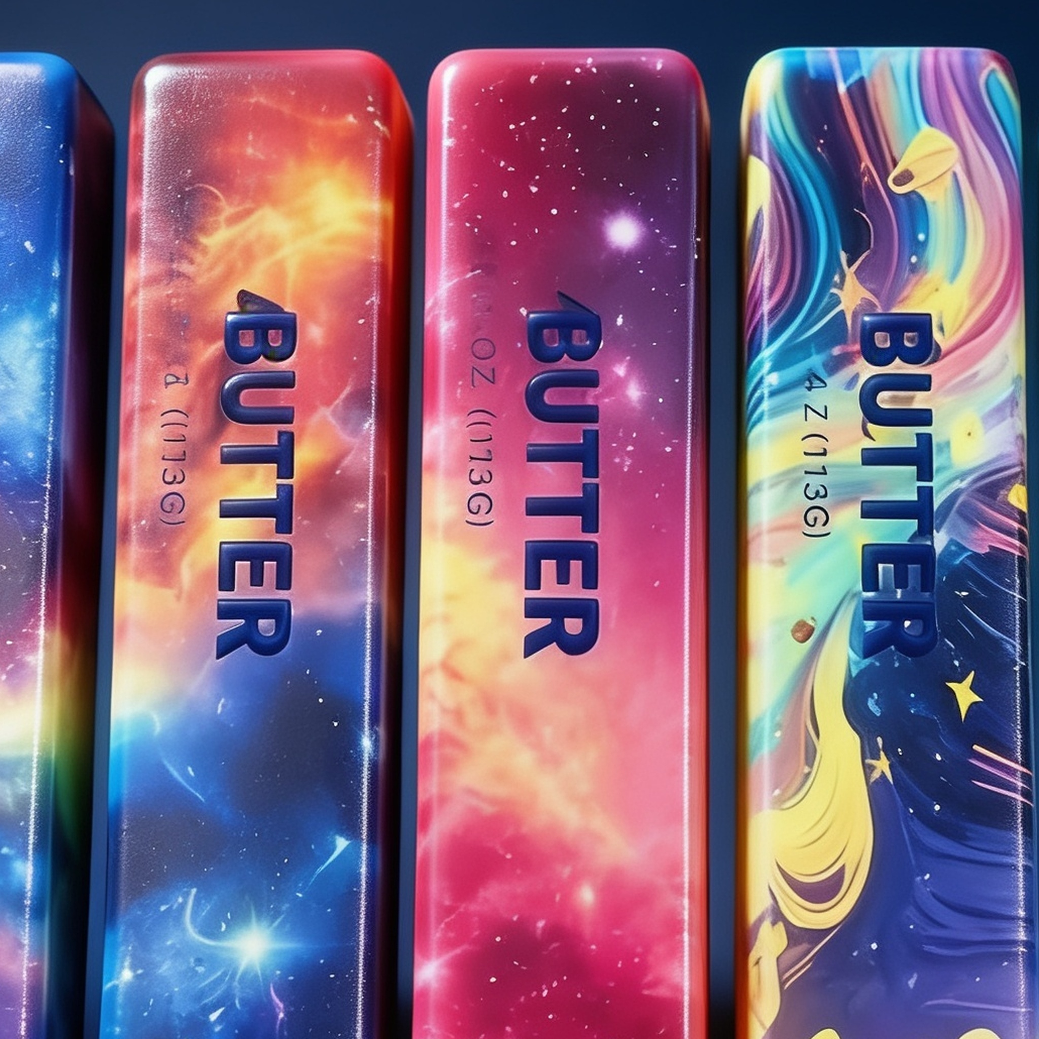 Close-up of the cosmic nebula print and BUTTER lettering on the galaxy squishy bars