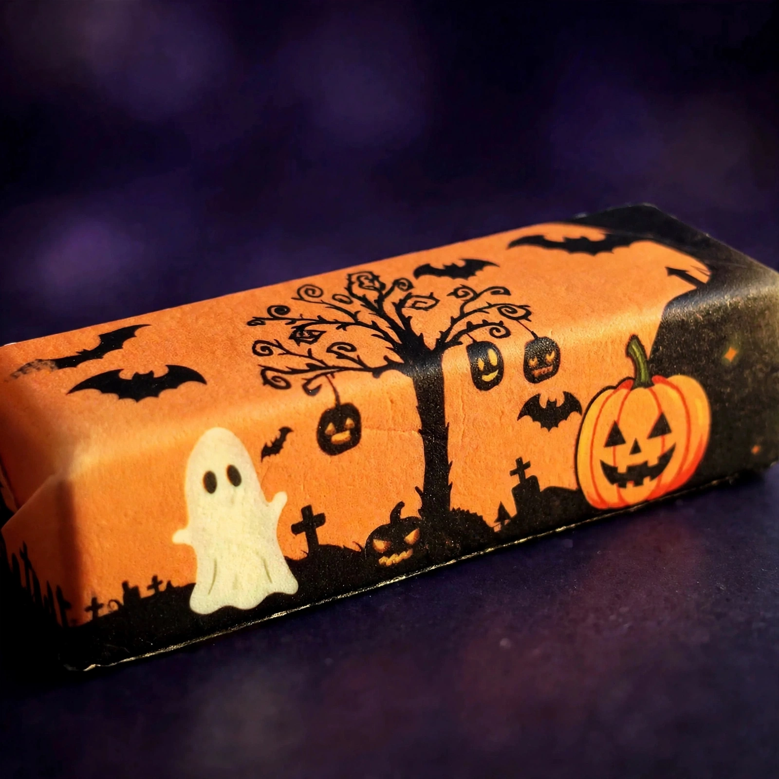 Close-up of the Halloween butter squishy printed scene and matte foam