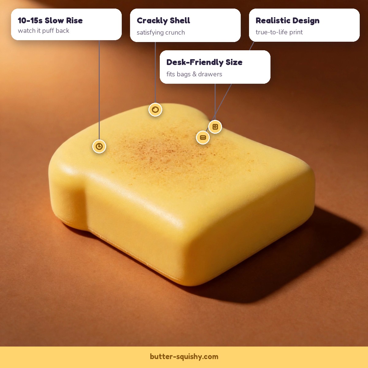 Toast slice squishy features - crackly shell, slow rise, realistic design, desk-friendly size