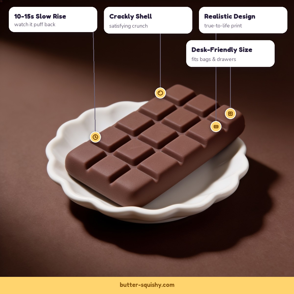 Chocolate tablet squishy features - crackly shell, slow rise, realistic design, desk-friendly size