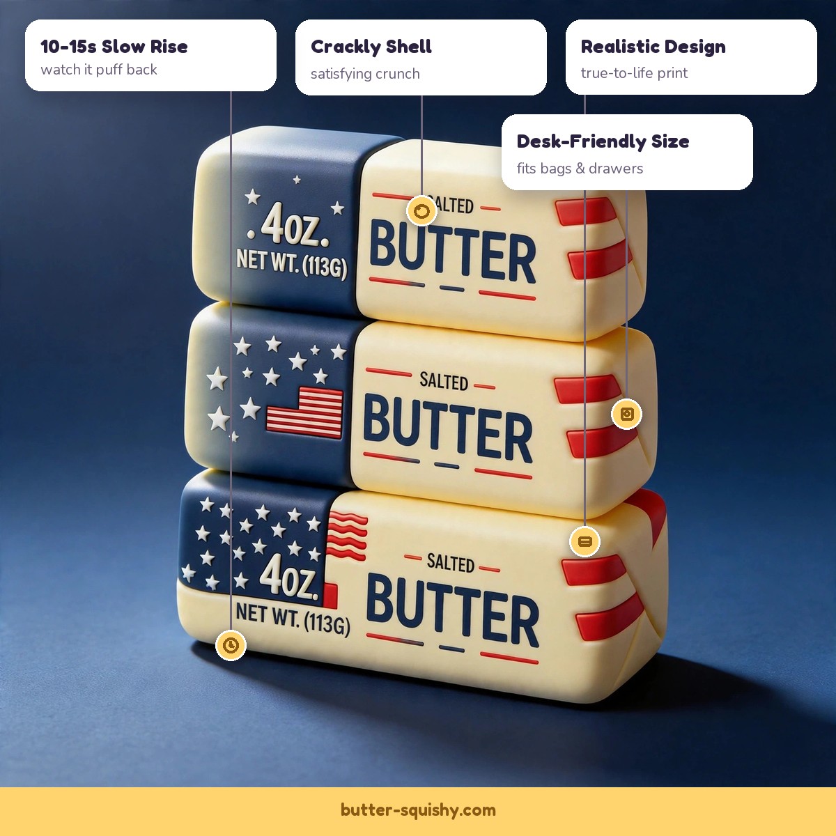 USA butter 3-pack squishy features - crackly shell, slow rise, realistic design, desk-friendly size