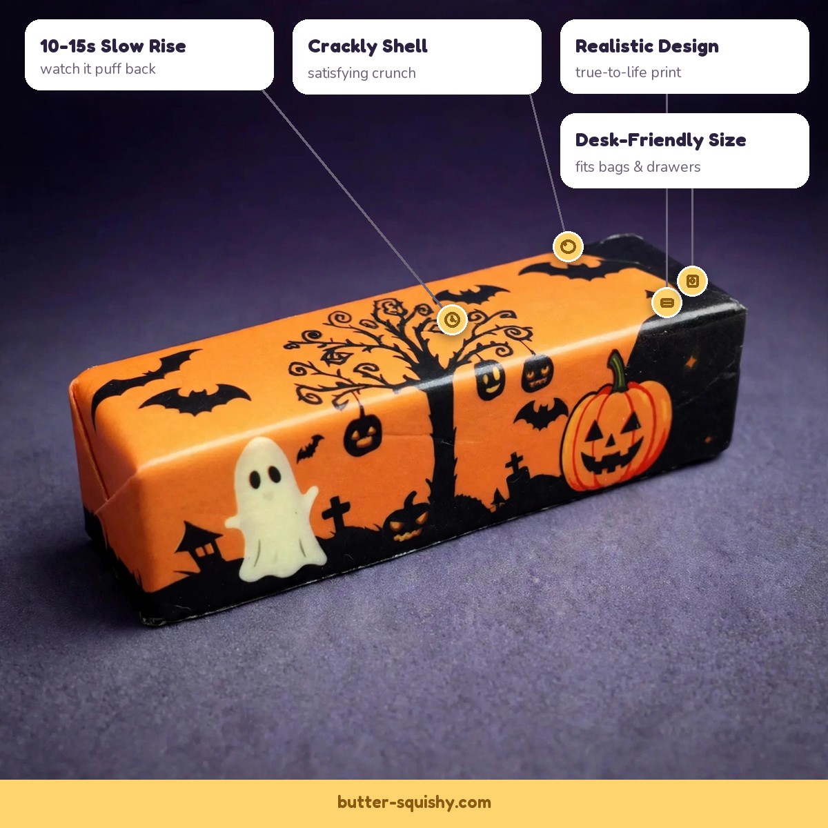 Halloween butter squishy features - crackly shell, slow rise, realistic design, desk-friendly size