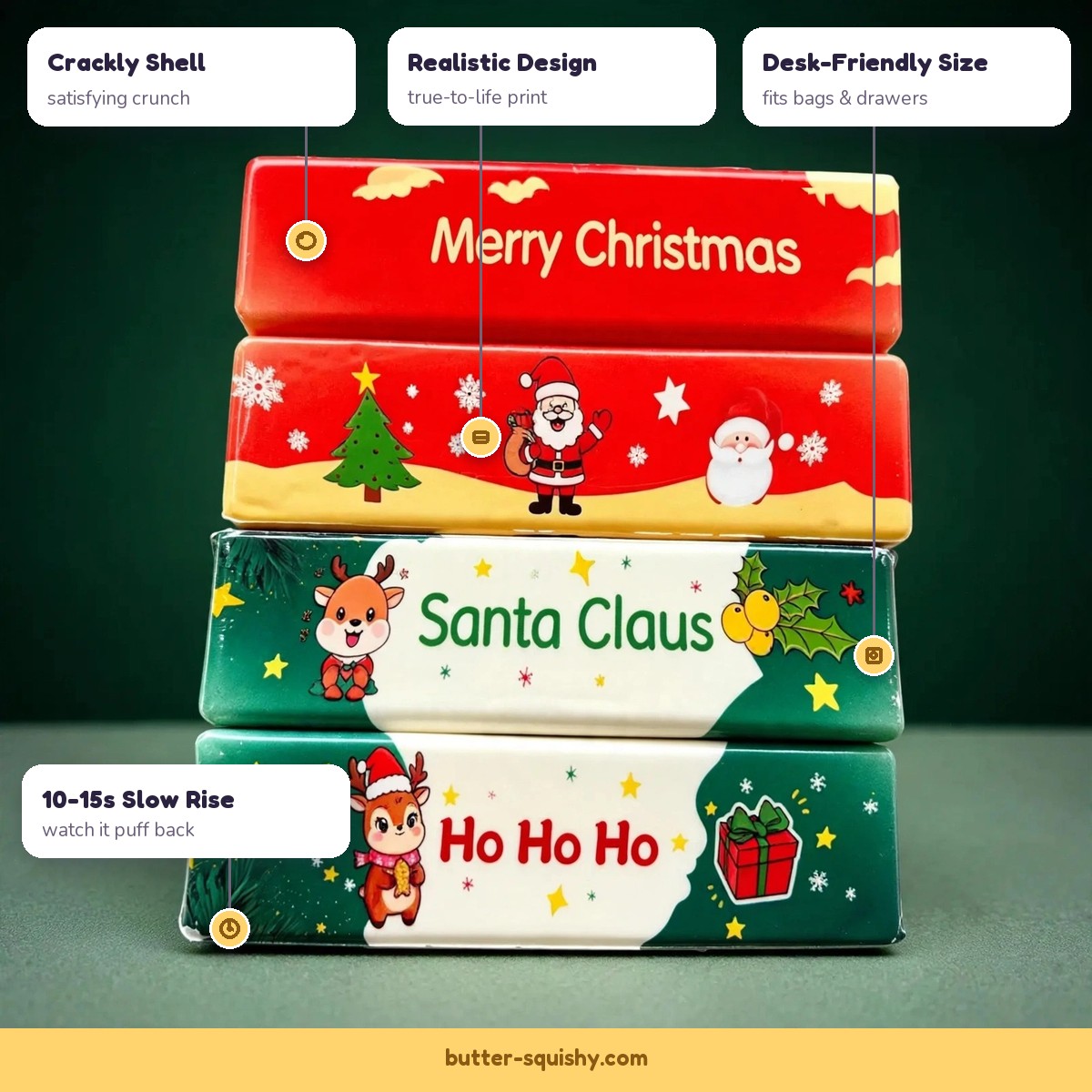 Christmas butter squishy features - crackly shell, slow rise, realistic design, desk-friendly size