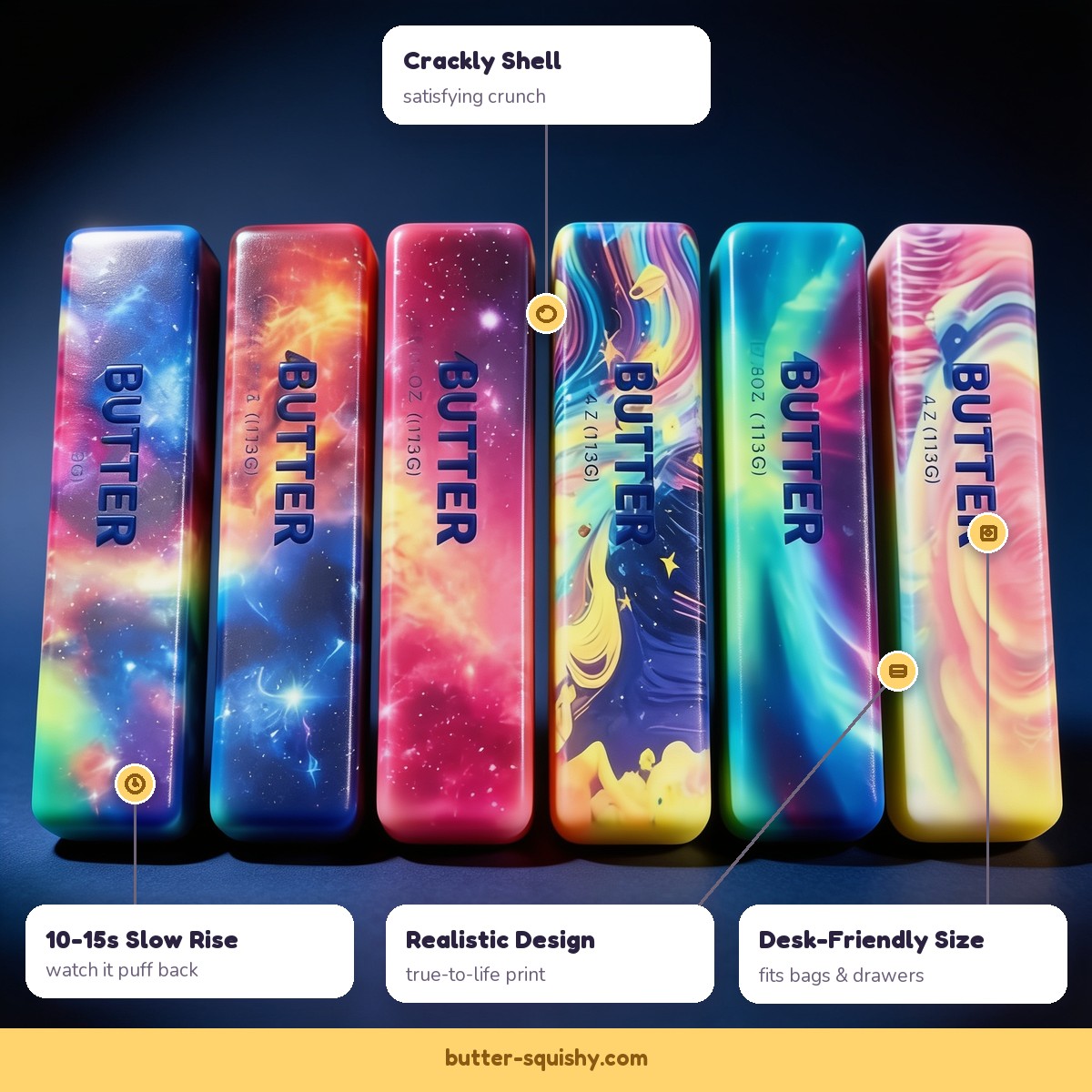 Galaxy butter squishy features - crackly shell, slow rise, realistic design, desk-friendly size