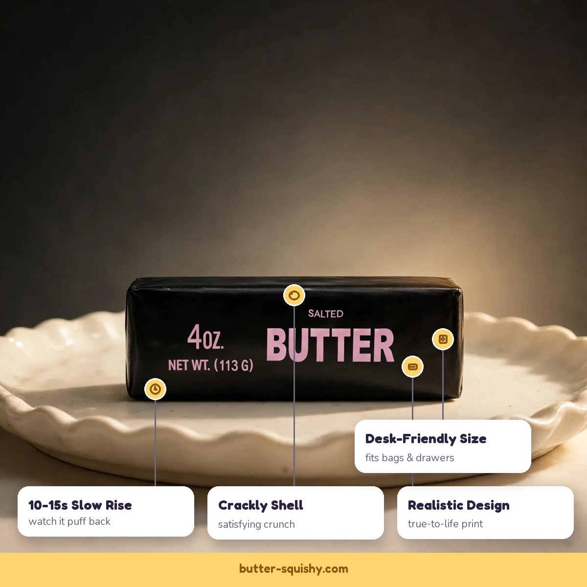 Black butter squishy features - crackly shell, slow rise, realistic design, desk-friendly size