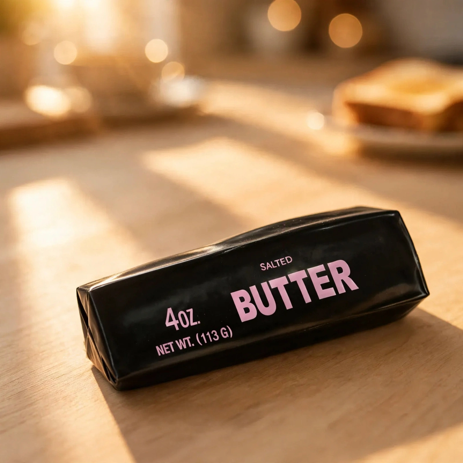 Black butter squishy 4oz on a breakfast table in warm morning light