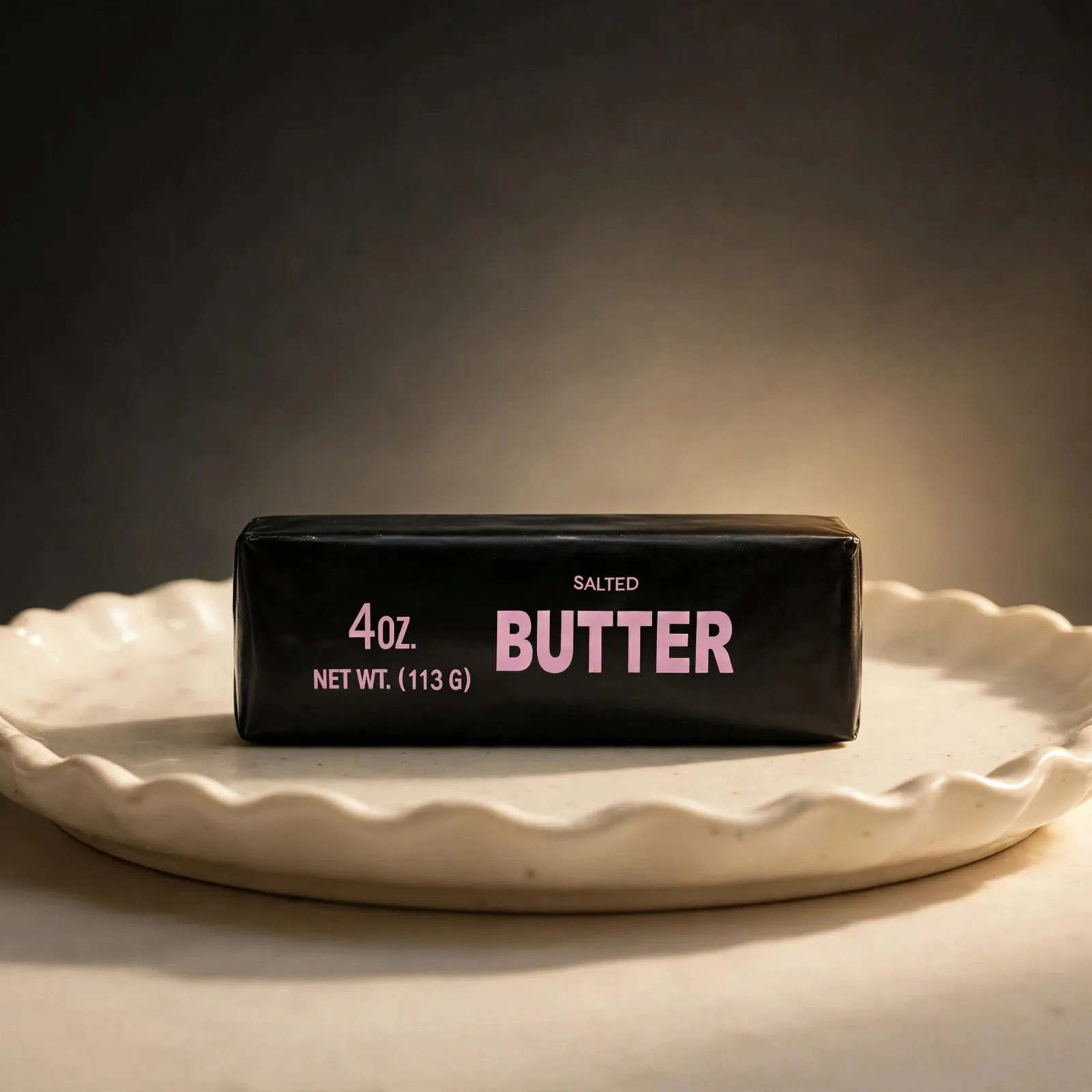 Black butter squishy 4oz - glossy black butter stick stress toy with pink print
