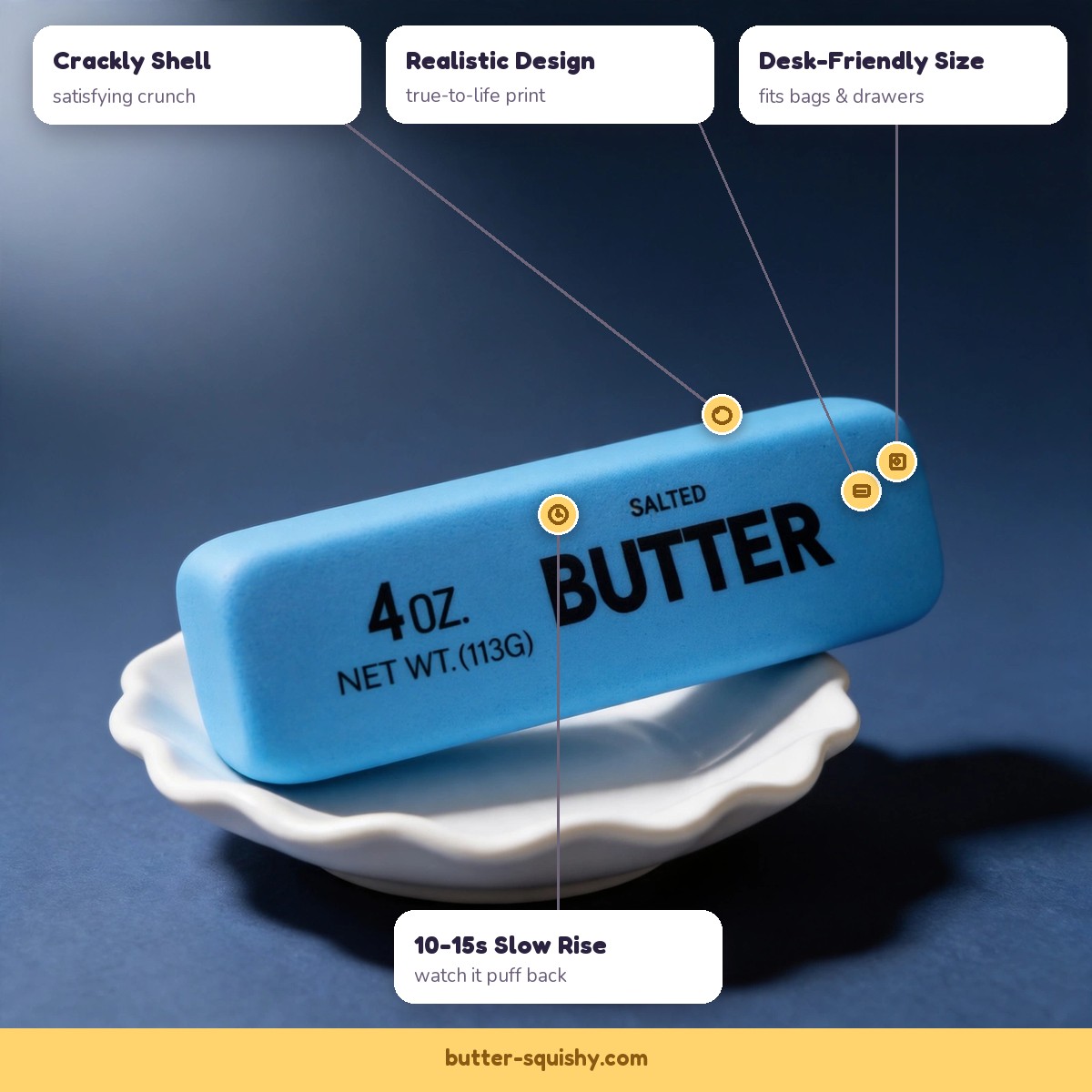 Blue butter squishy 4oz features - crackly shell, slow rise, realistic design, desk-friendly size