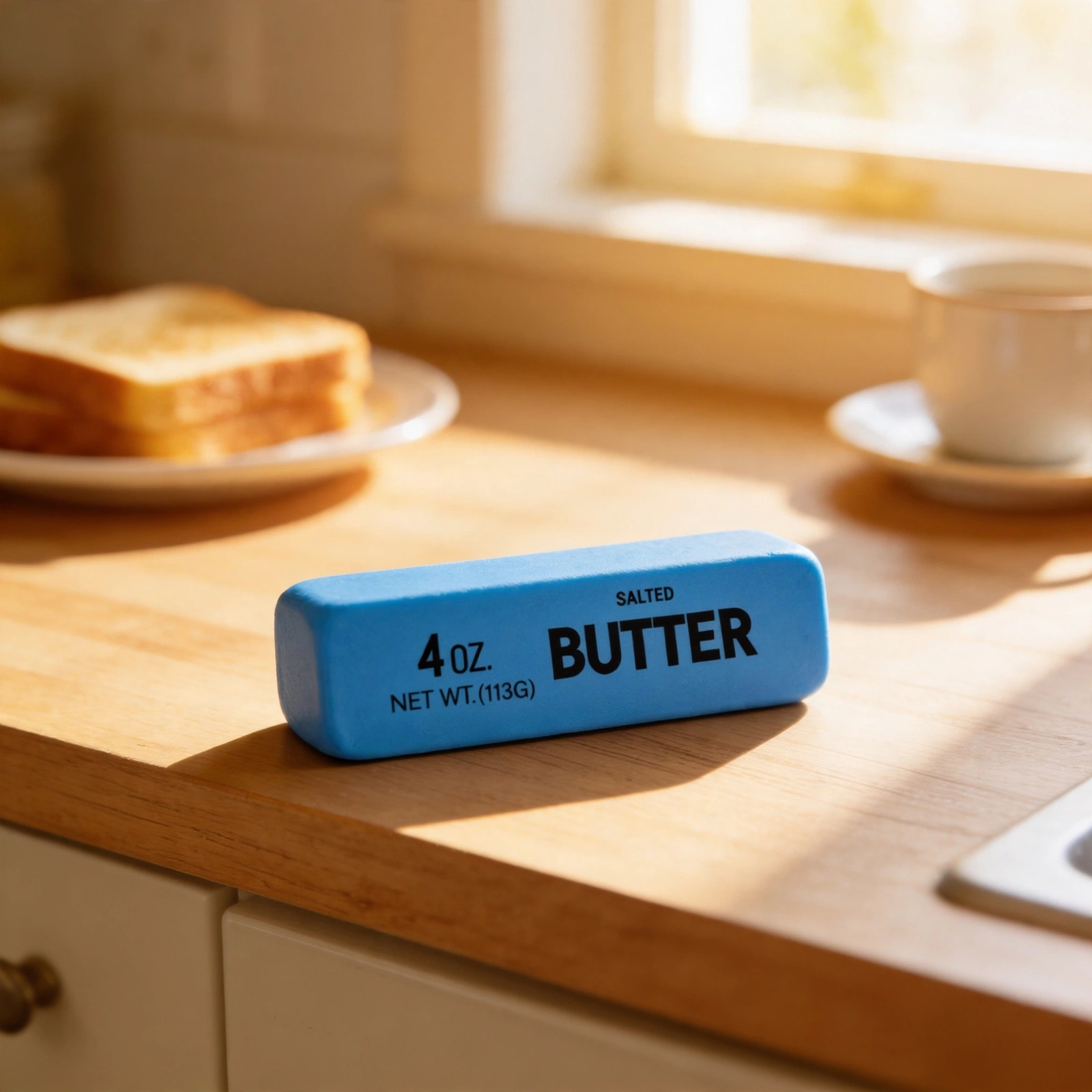Blue butter squishy 4oz on a kitchen counter in warm morning light