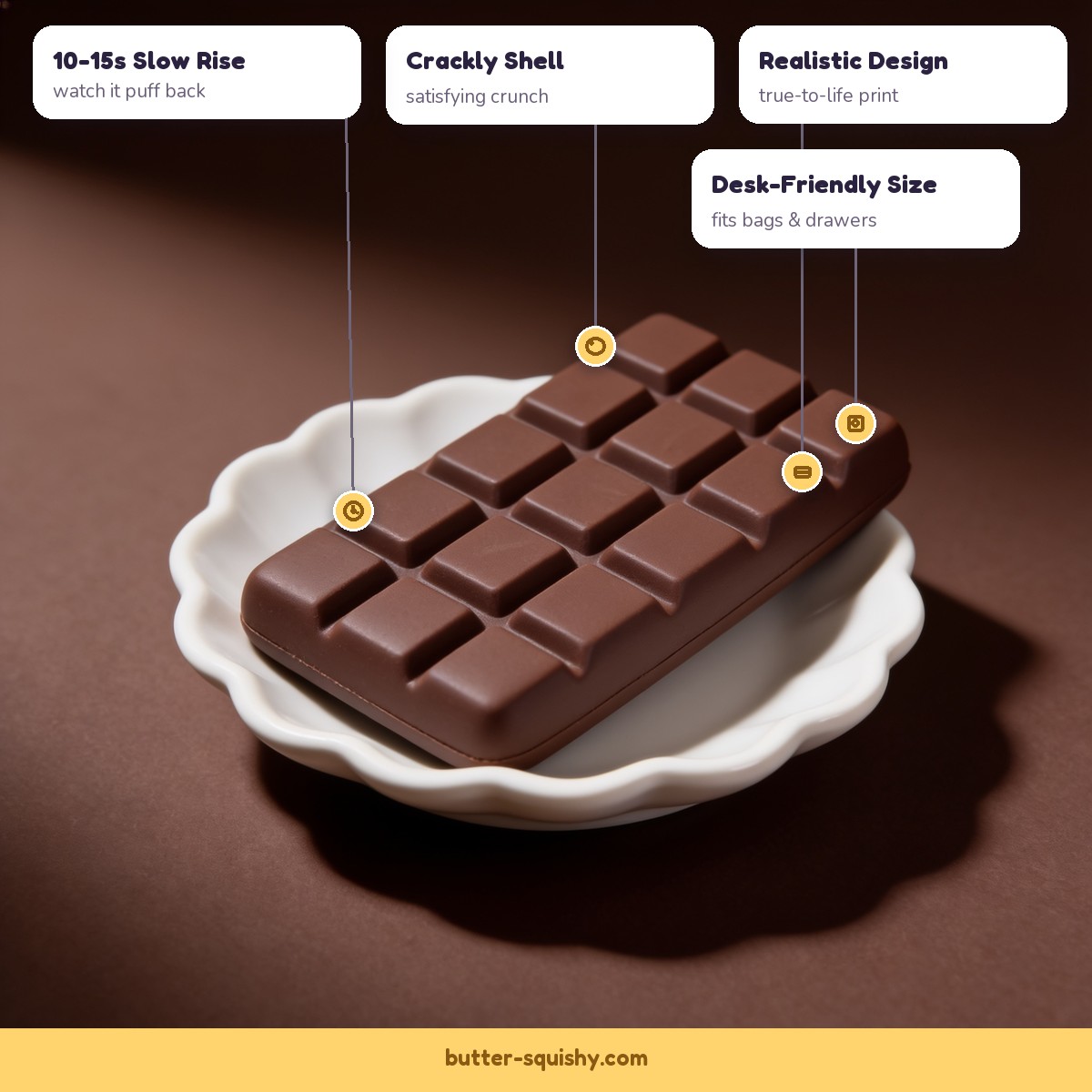 Chocolate bar squishy features - crackly shell, slow rise, realistic design, desk-friendly size