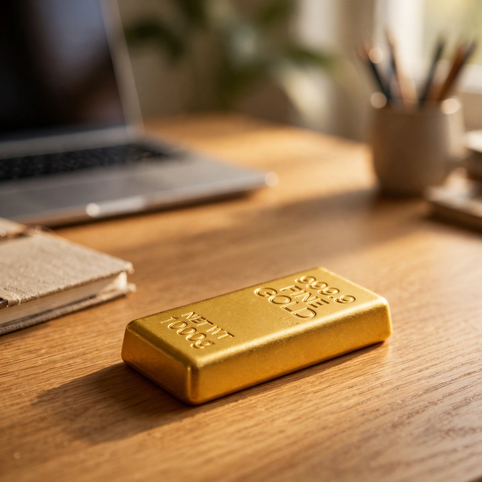 Gold brick squishy on a home office desk as a desk toy