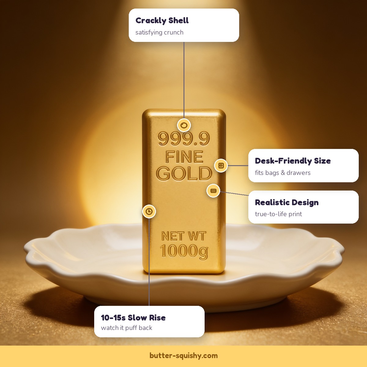 Gold brick squishy features - crackly shell, slow rise, realistic design, desk-friendly size