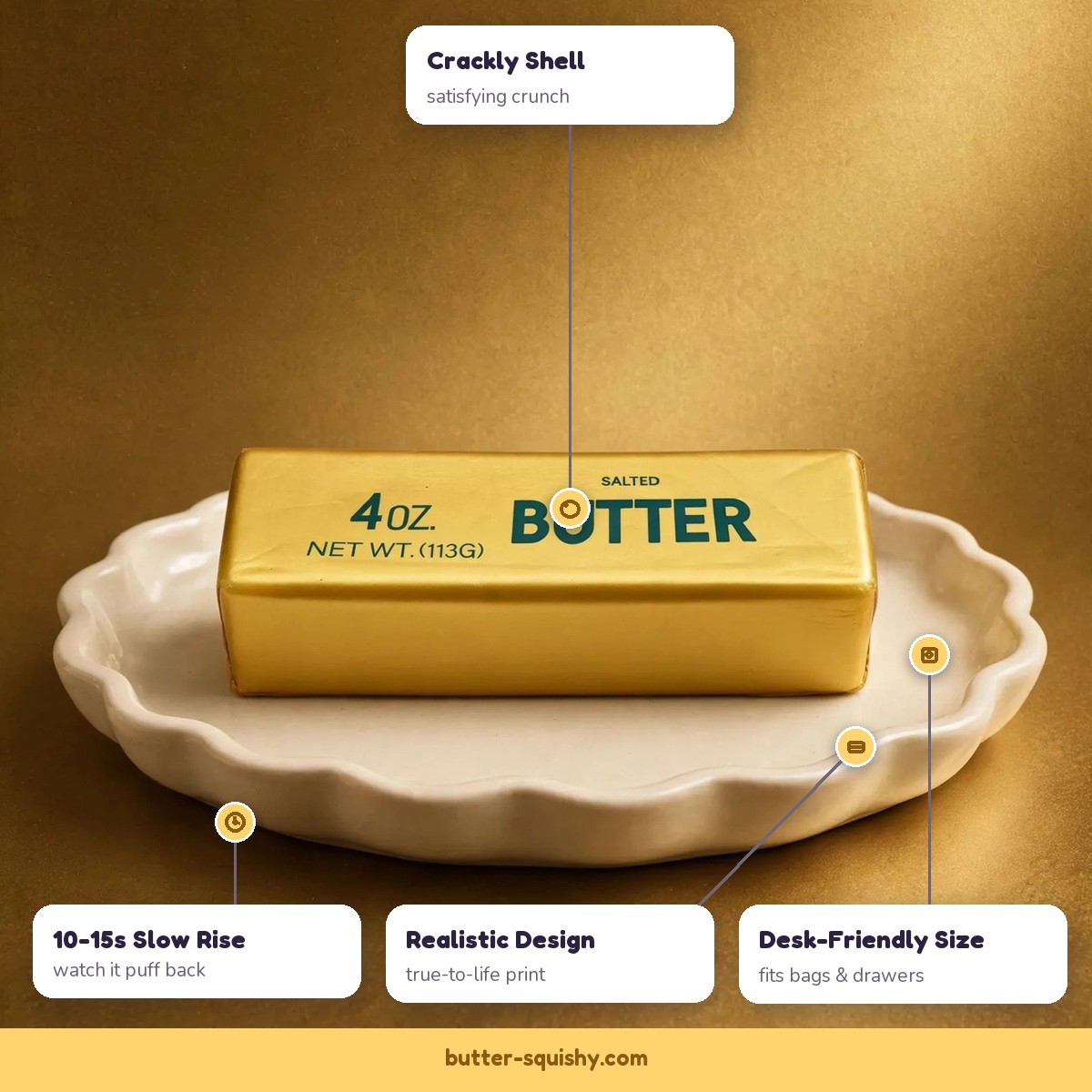 Golden butter squishy features - crackly shell, slow rise, realistic design, desk-friendly size