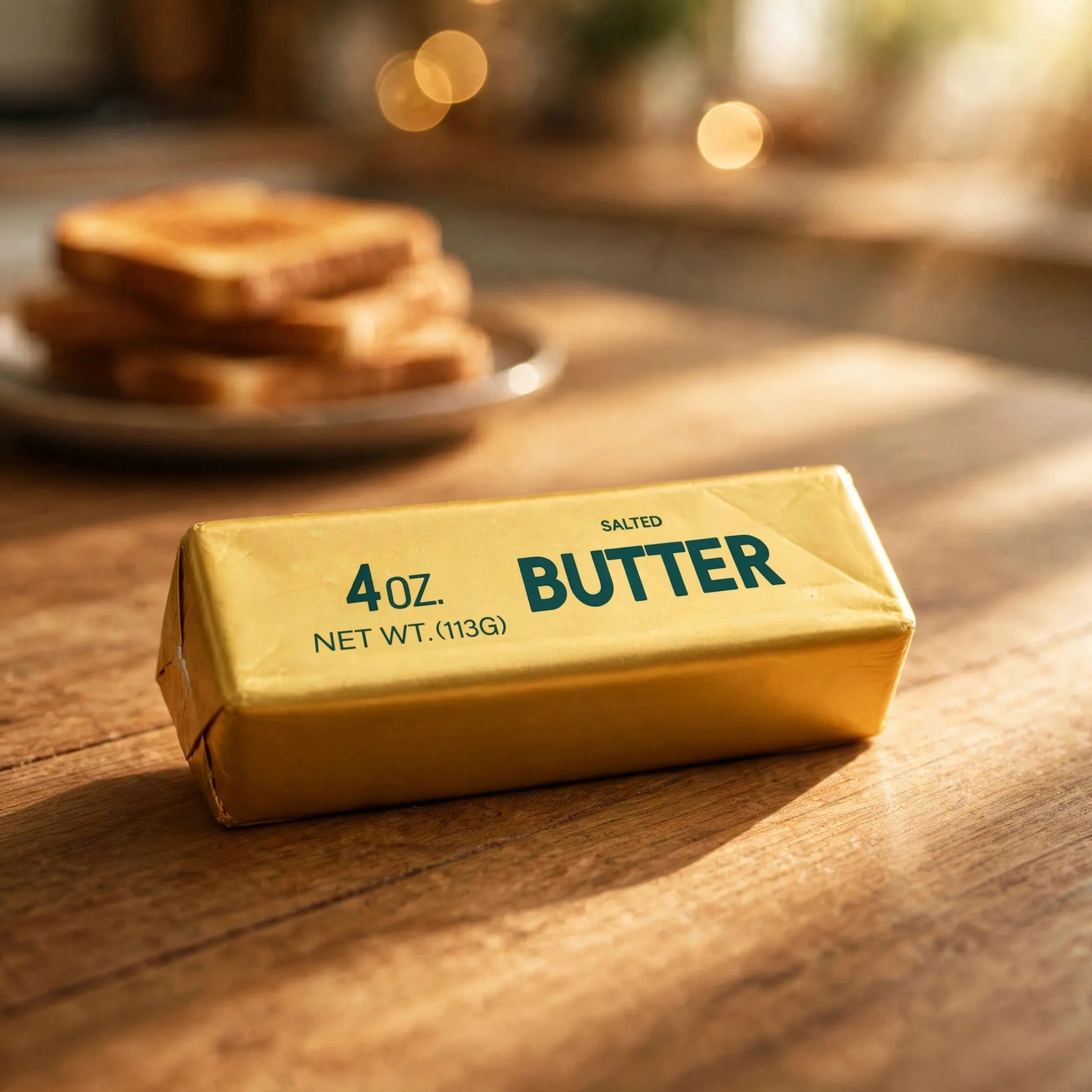 Golden butter squishy 4oz on a kitchen table in warm morning light