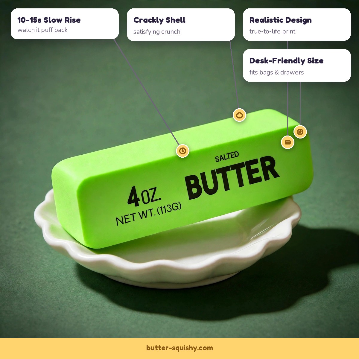 Green butter squishy features - crackly shell, slow rise, realistic design, desk-friendly size