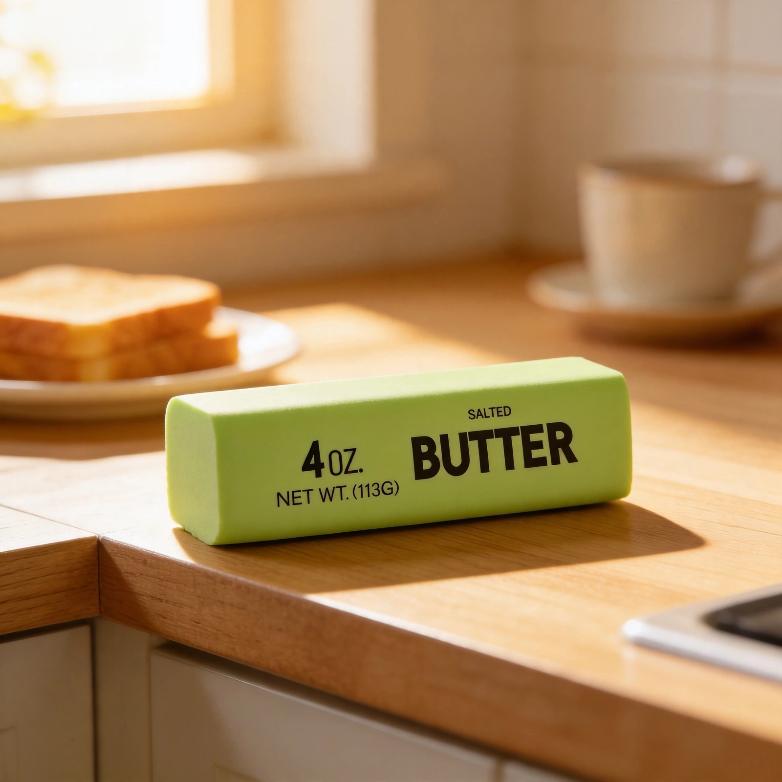 Green butter squishy on a kitchen counter in warm morning light