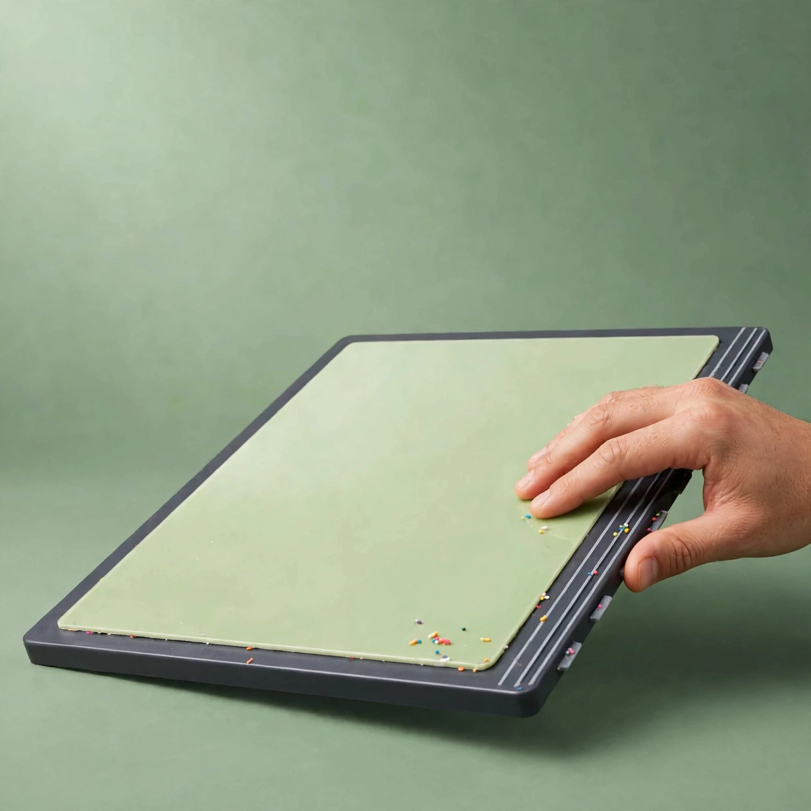 Hands squeezing the Green grape cake squishy in its tray