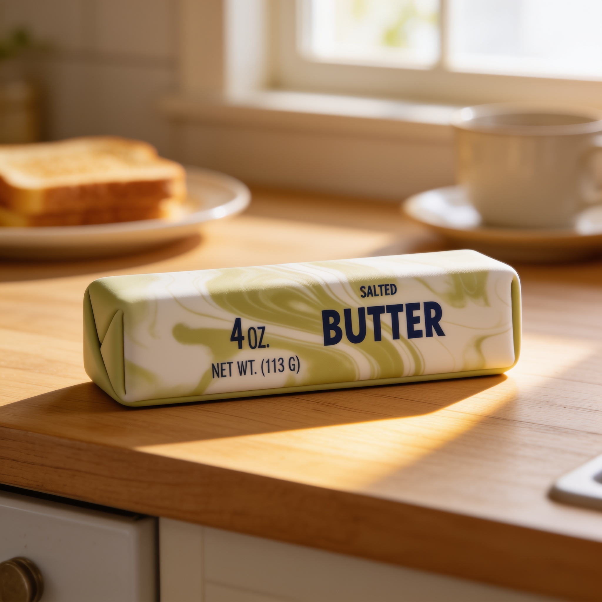 Green marble butter squishy 4oz on a kitchen counter in warm morning light
