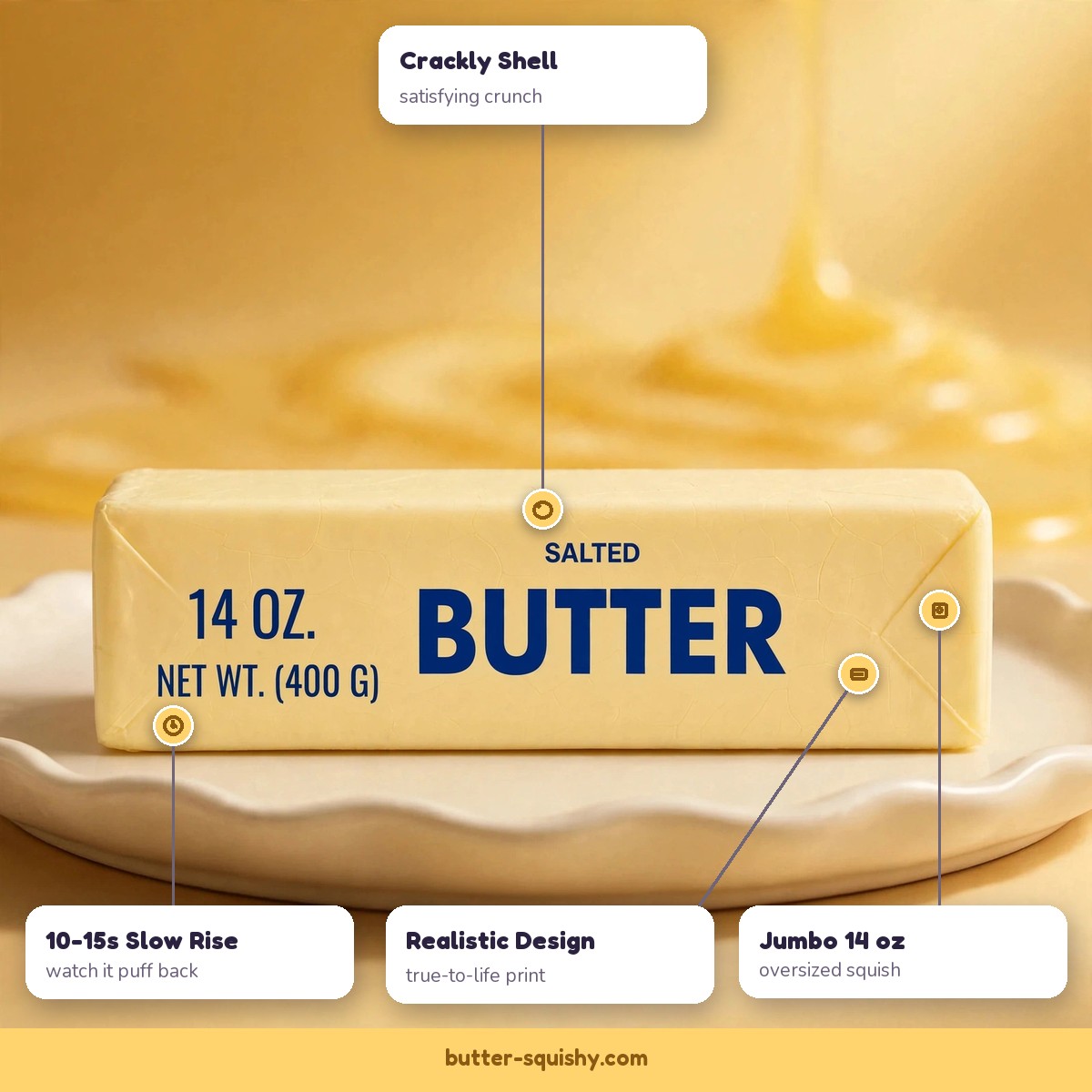 Jumbo butter squishy features - crackly shell, slow rise, realistic design, 14 oz size