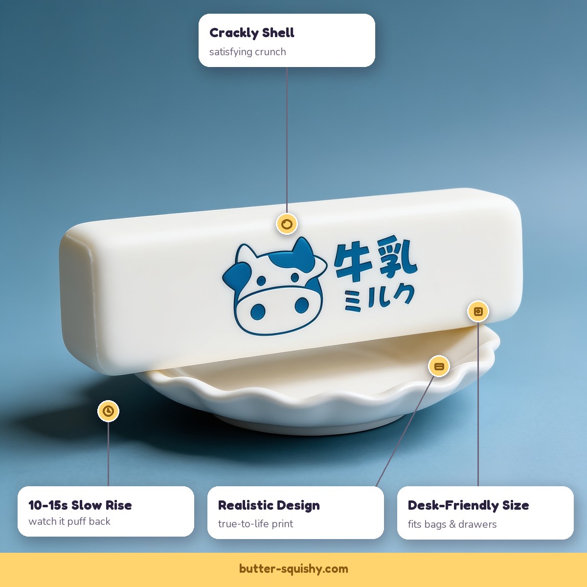 Milk butter squishy features - crackly shell, slow rise, realistic design, desk-friendly size