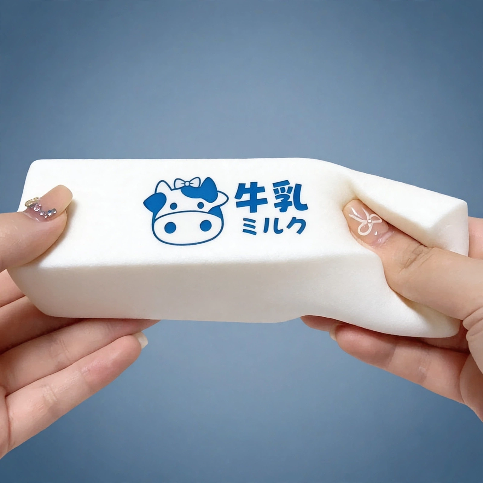 Hand squeezing the Milk butter squishy soft foam