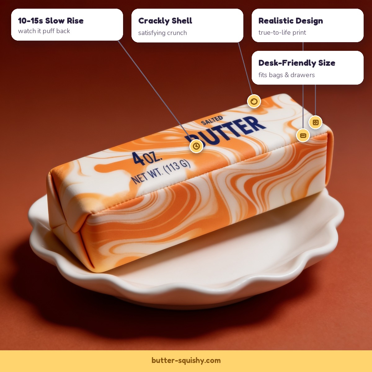 Orange marble butter squishy 4oz features - crackly shell, slow rise, realistic design, desk-friendly size