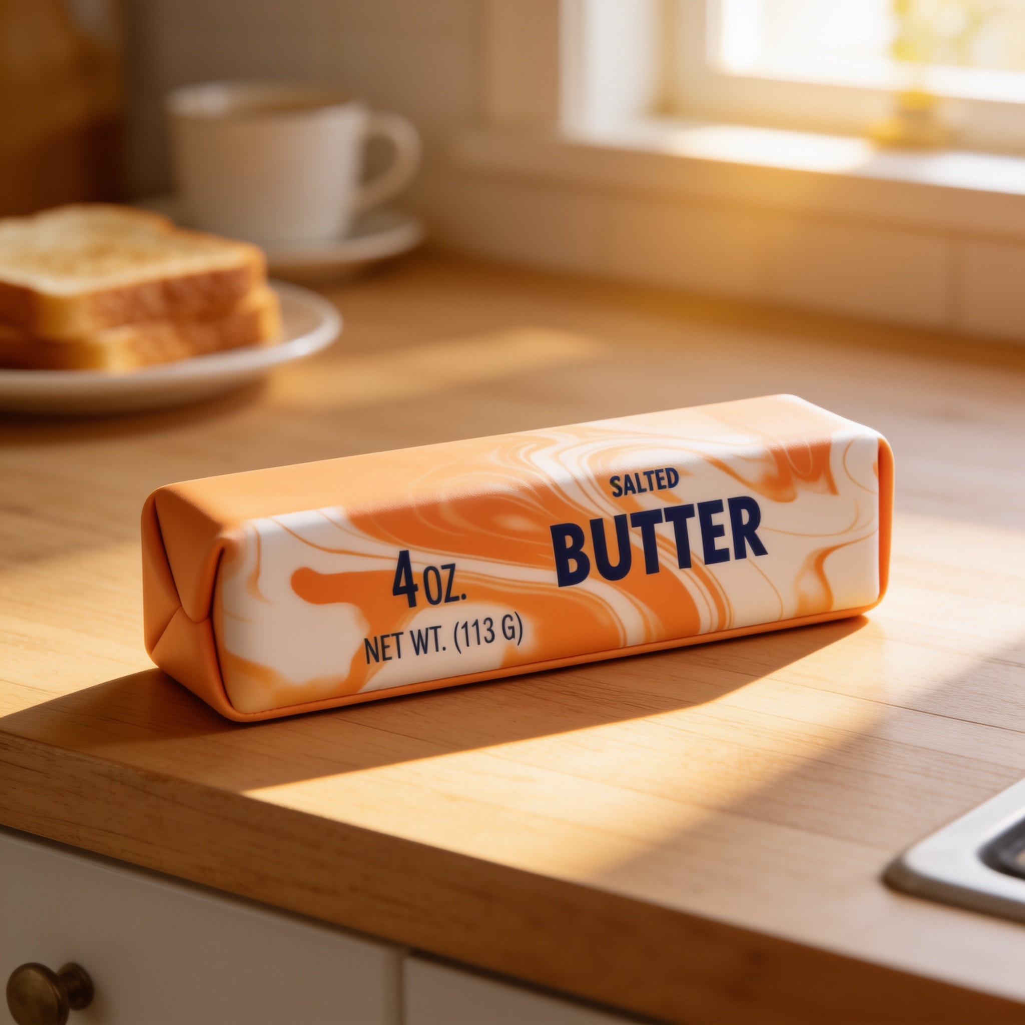 Orange marble butter squishy 4oz on a kitchen counter in warm morning light