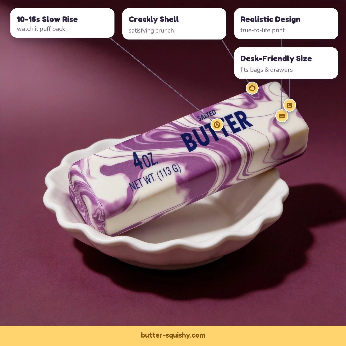 Purple marble butter squishy 4oz features - crackly shell, slow rise, realistic design, desk-friendly size