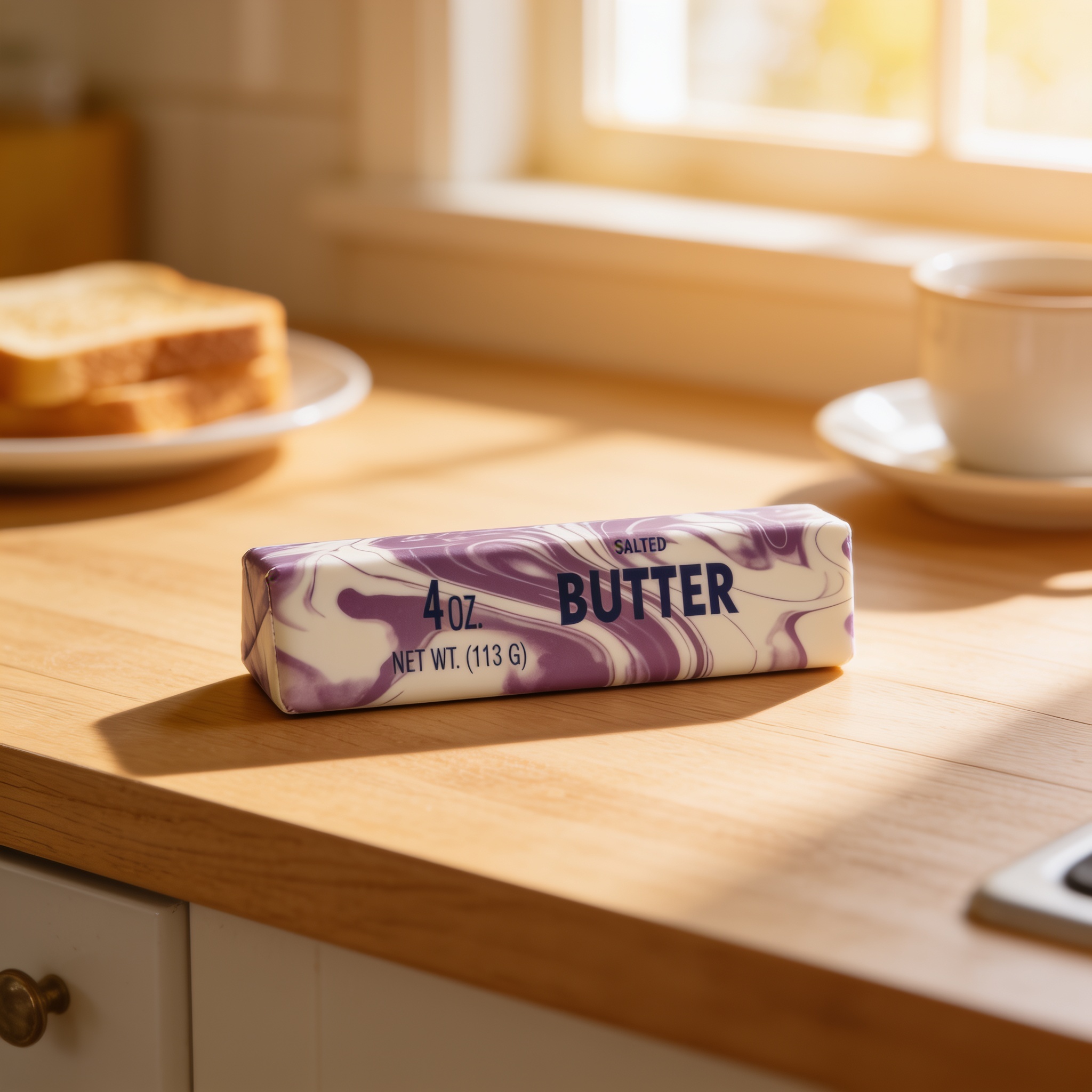 Purple marble butter squishy 4oz on a kitchen counter in warm morning light