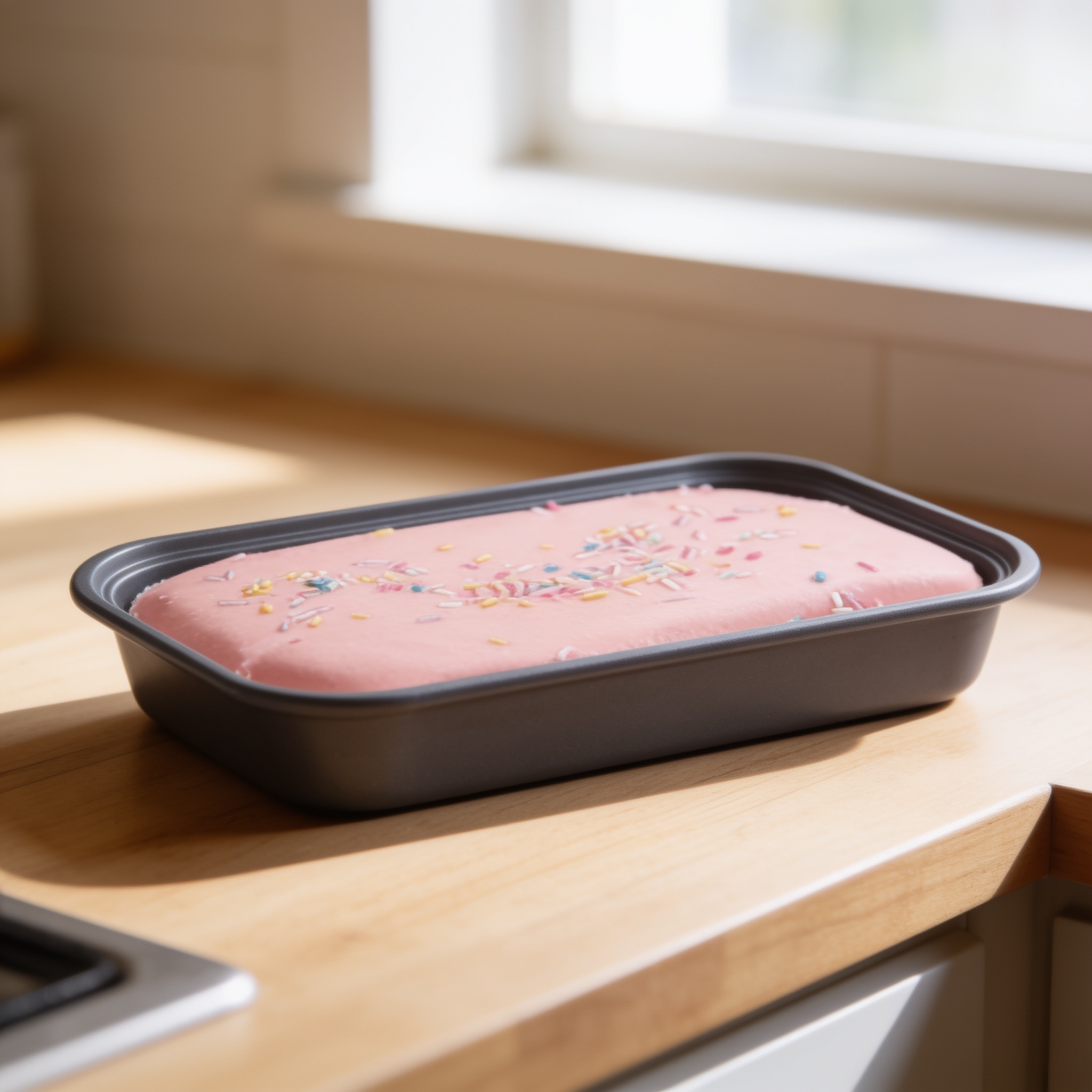 Strawberry cake squishy on a kitchen counter in morning light