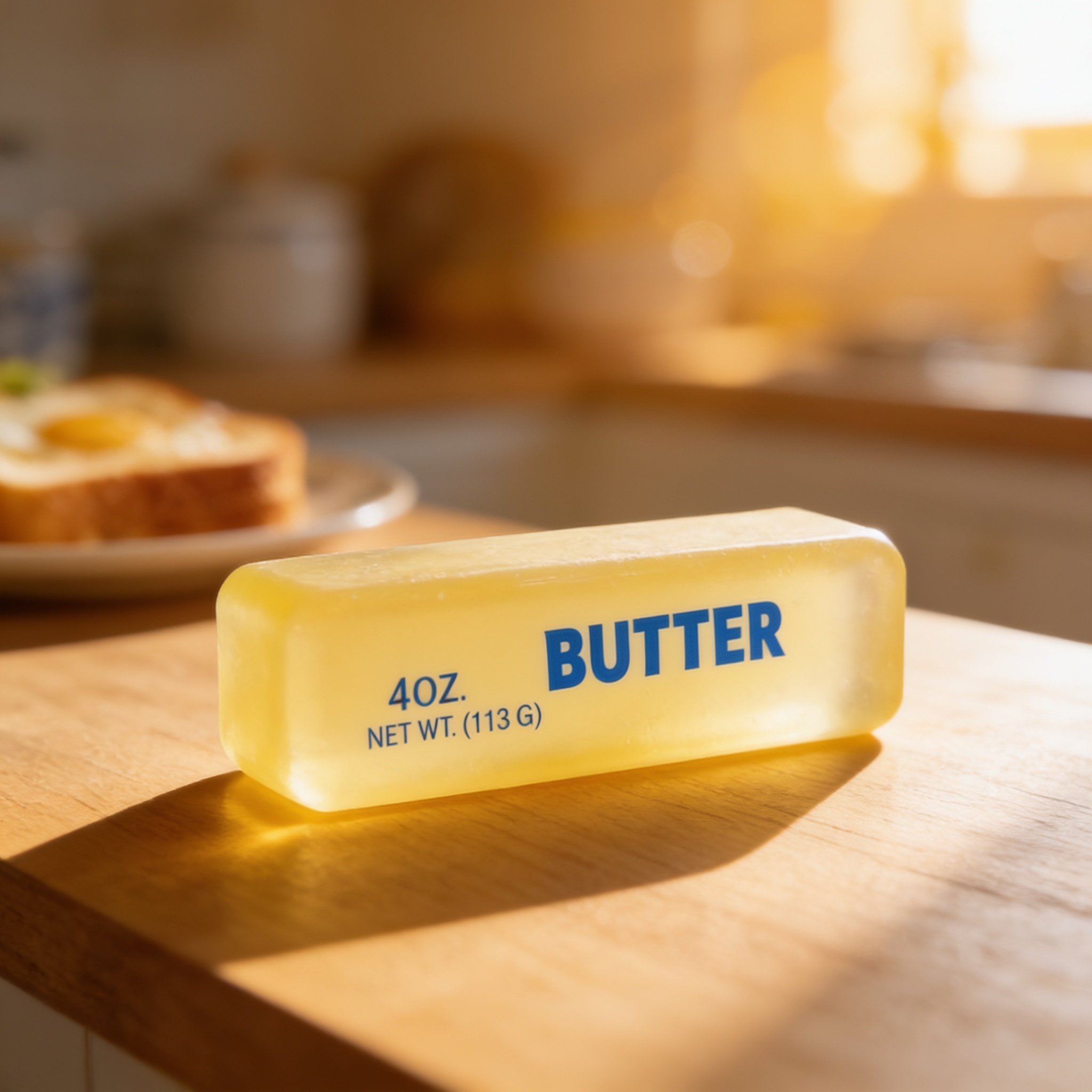 Translucent butter squishy 4oz glowing in warm morning light