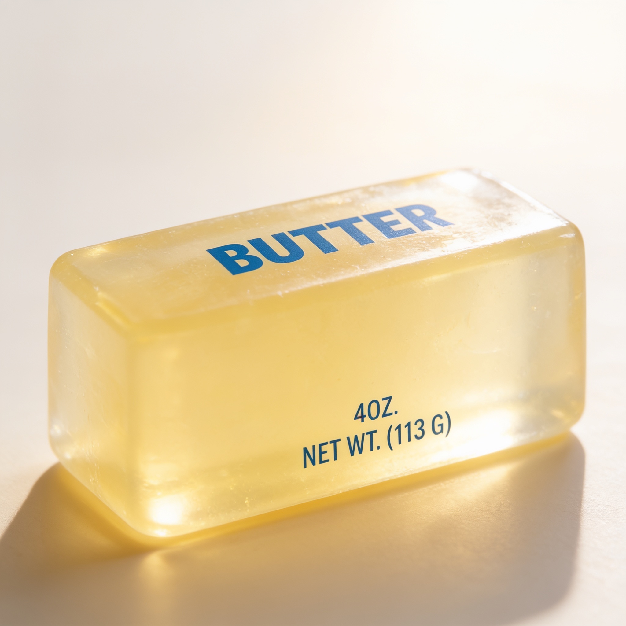 Close-up of the translucent butter squishy clear gel and blue print