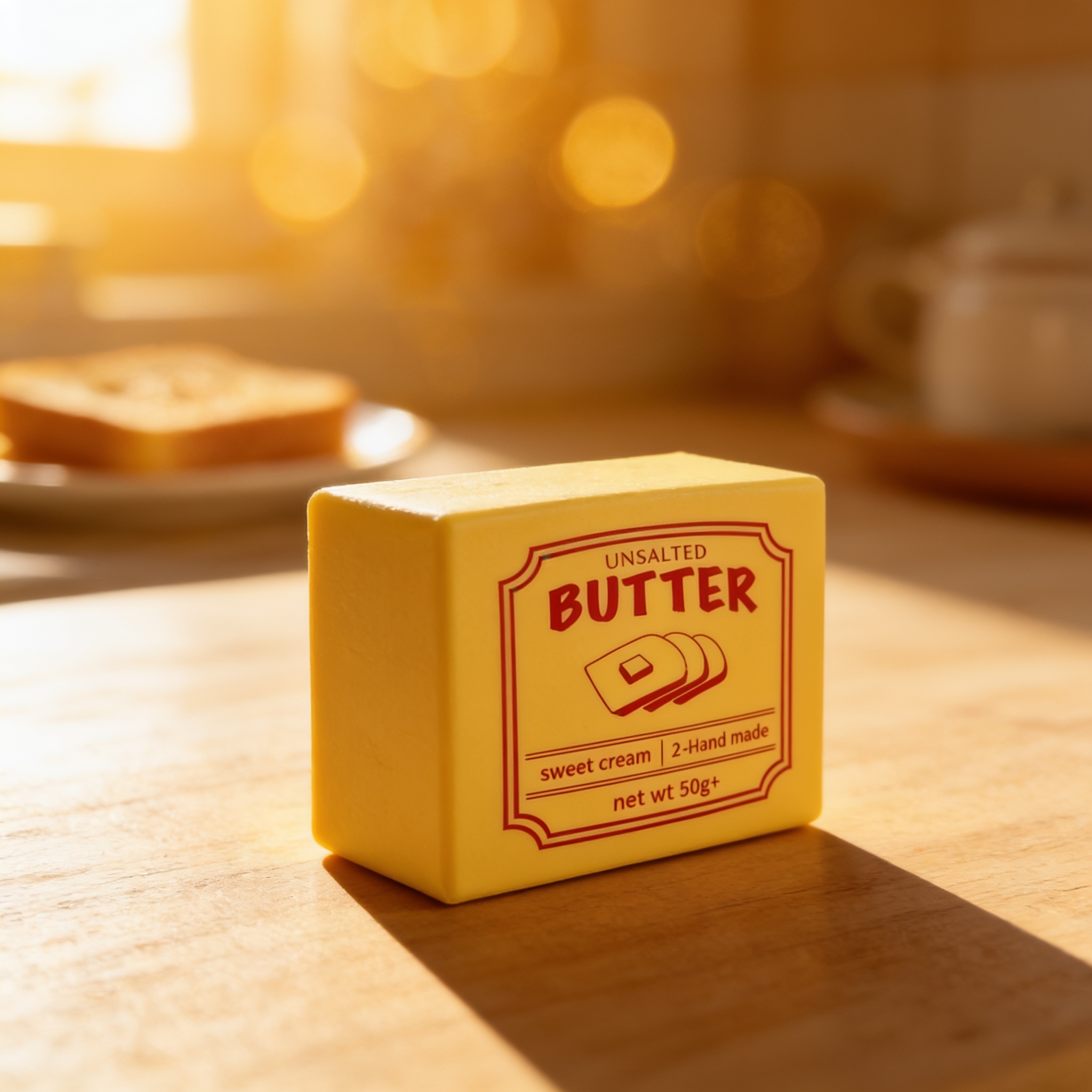 Unsalted butter squishy on a kitchen table in warm morning light