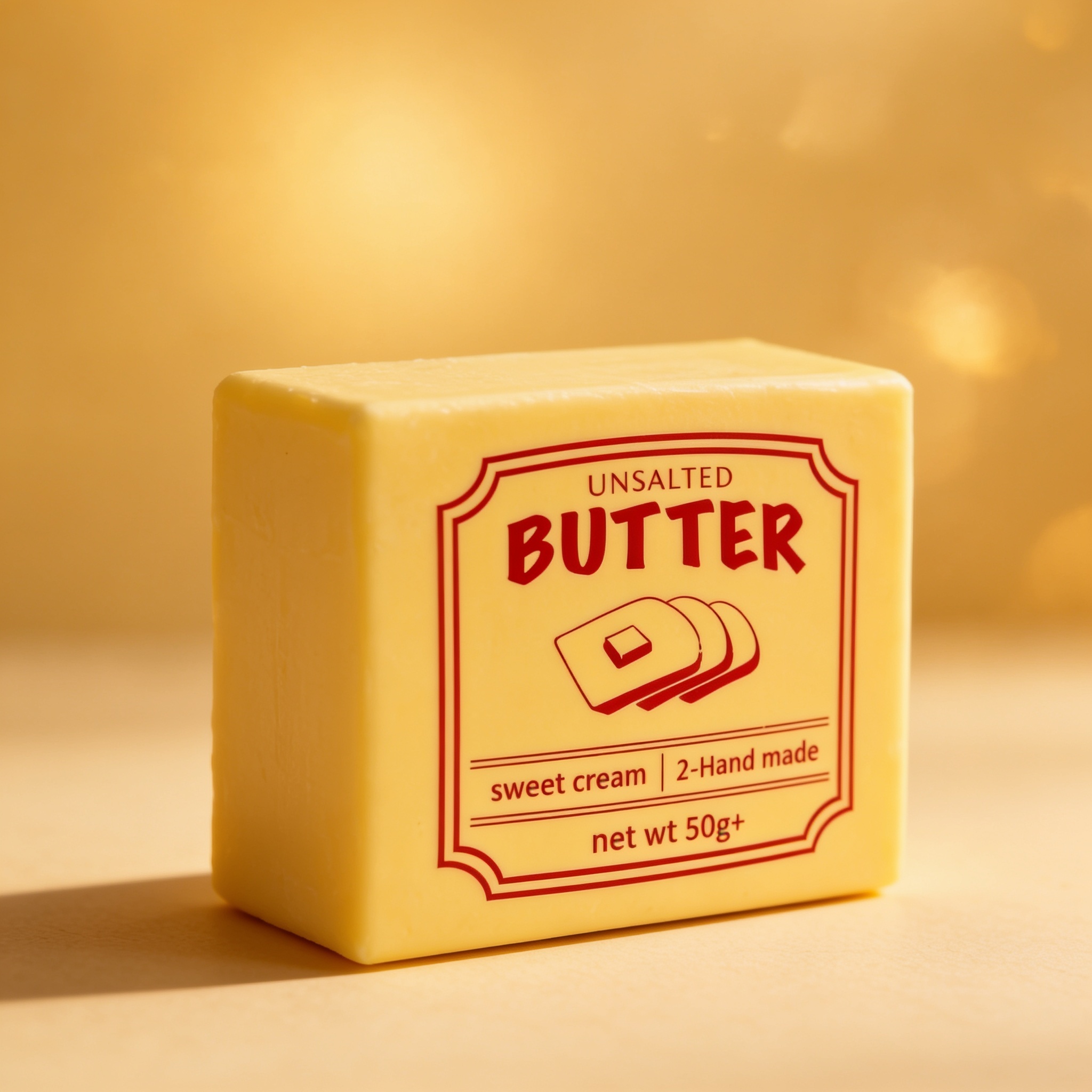 Close-up of the unsalted butter squishy retro label and matte foam