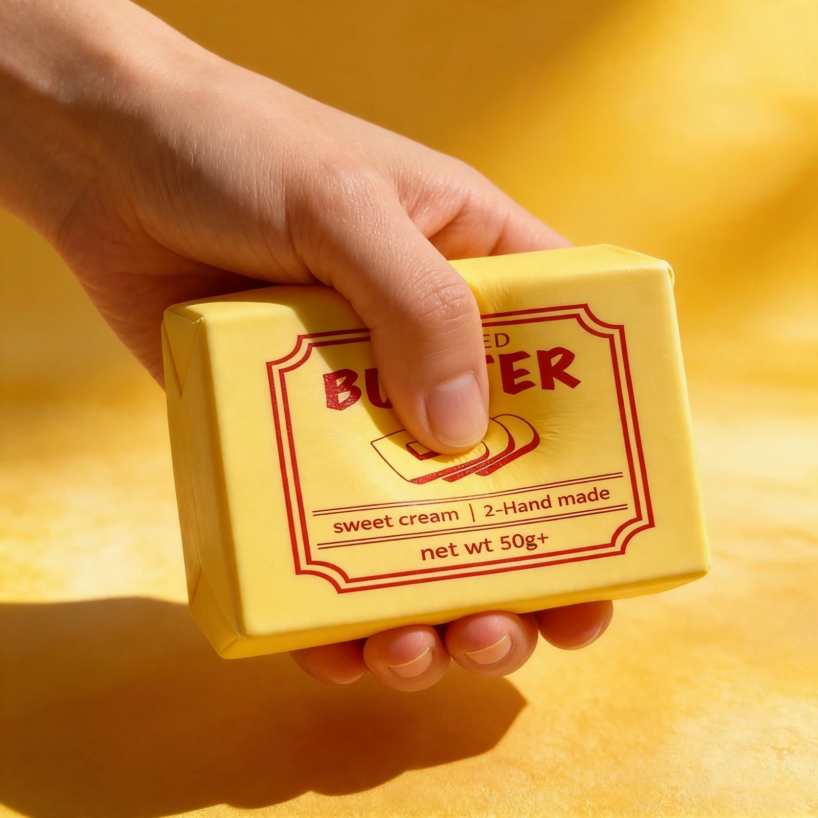 Thumb pressing deep into the unsalted butter squishy soft foam