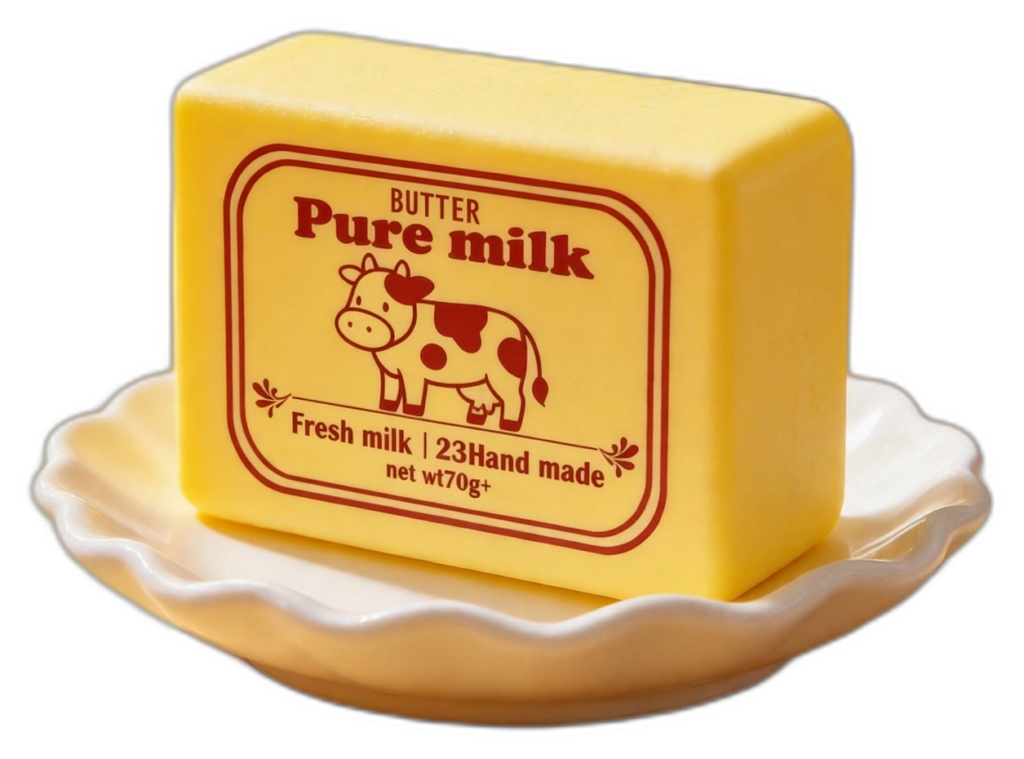 Pure Cow Milk butter squishy block on a scalloped ceramic dish